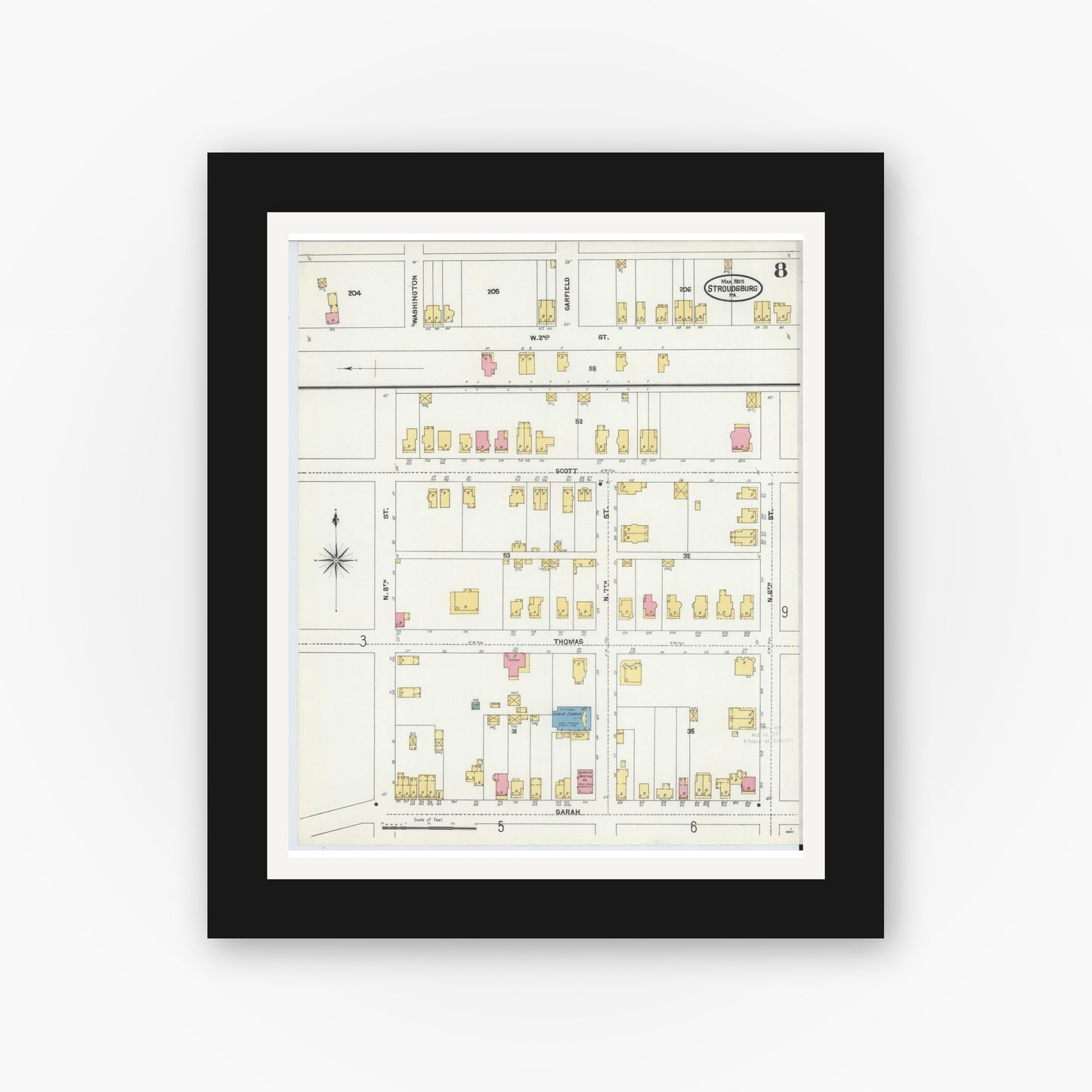 Old map wall art mockup — black gallery frame with white mat — Sanborn Fire Insurance Map from Stroudsburg, Monroe County, Pennsylvania (1905), Sheet #0008