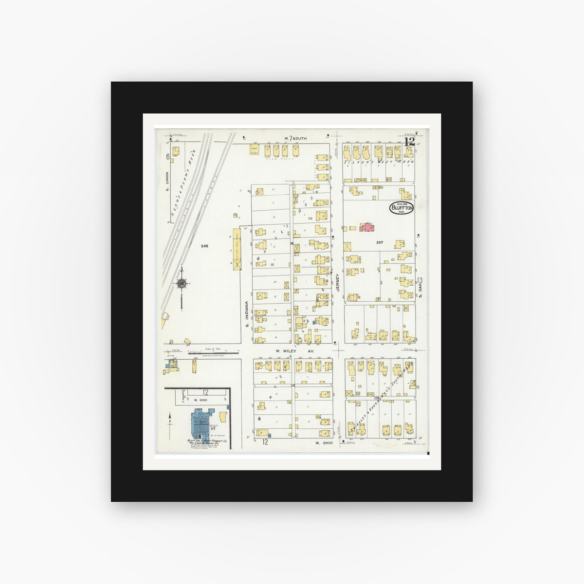 Old map wall art mockup — black gallery frame with white mat — Sanborn Fire Insurance Map from Bluffton, Wells County, Indiana (1919), Sheet #0012