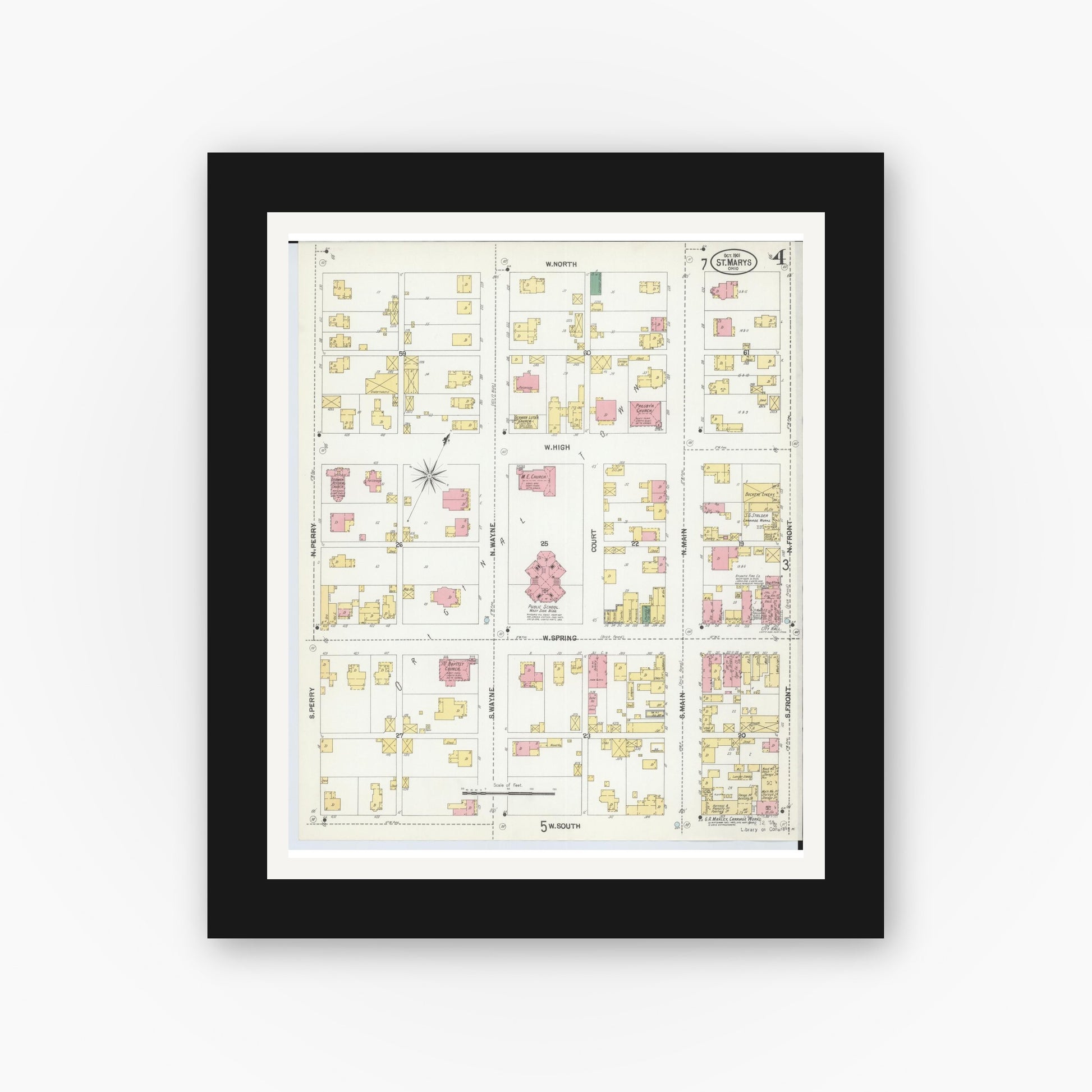 Old map wall art mockup — black gallery frame with white mat — Sanborn Fire Insurance Map from Saint Marys, Auglaize County, Ohio (1901), Sheet #0004
