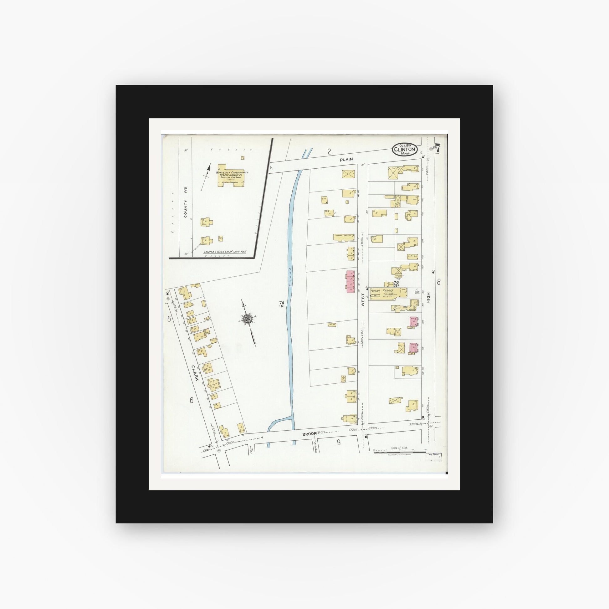 Old map wall art mockup — black gallery frame with white mat — Sanborn Fire Insurance Map from Clinton, Worcester County, Massachusetts (1919), Sheet #0007