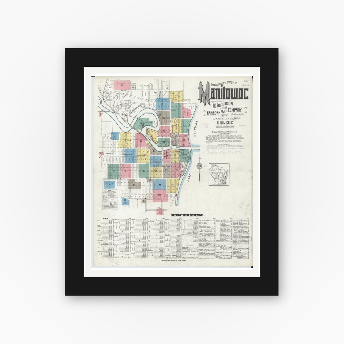 Old map wall art mockup — black gallery frame with white mat — Sanborn Fire Insurance Map from Manitowoc, Manitowoc County, Wisconsin (1912) - Complete Map Set