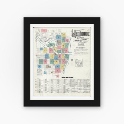 Old map wall art mockup — black gallery frame with white mat — Sanborn Fire Insurance Map from Manitowoc, Manitowoc County, Wisconsin (1912) - Complete Map Set