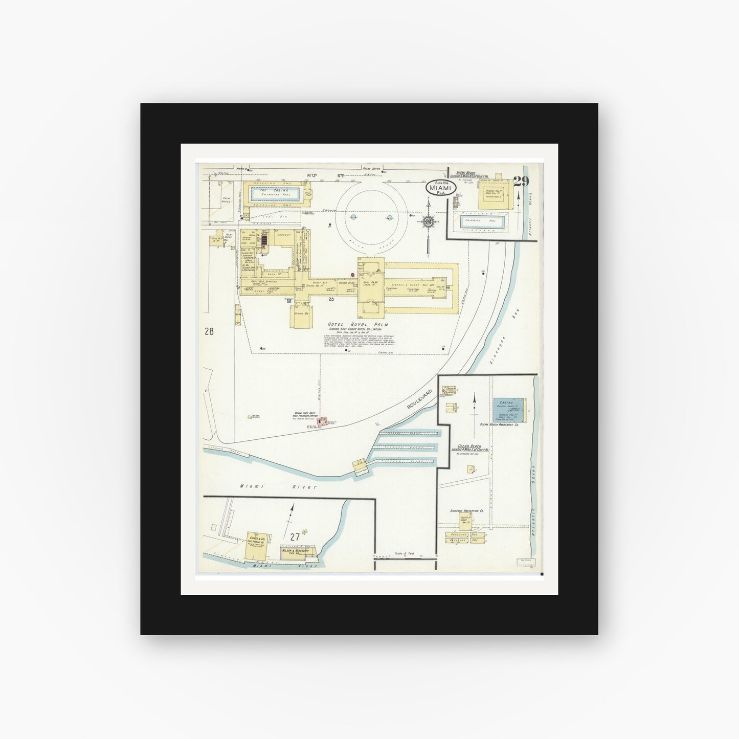 Old map wall art mockup — black gallery frame with white mat — Sanborn Fire Insurance Map from Miami, Dade County, Florida (1914), Sheet #0029