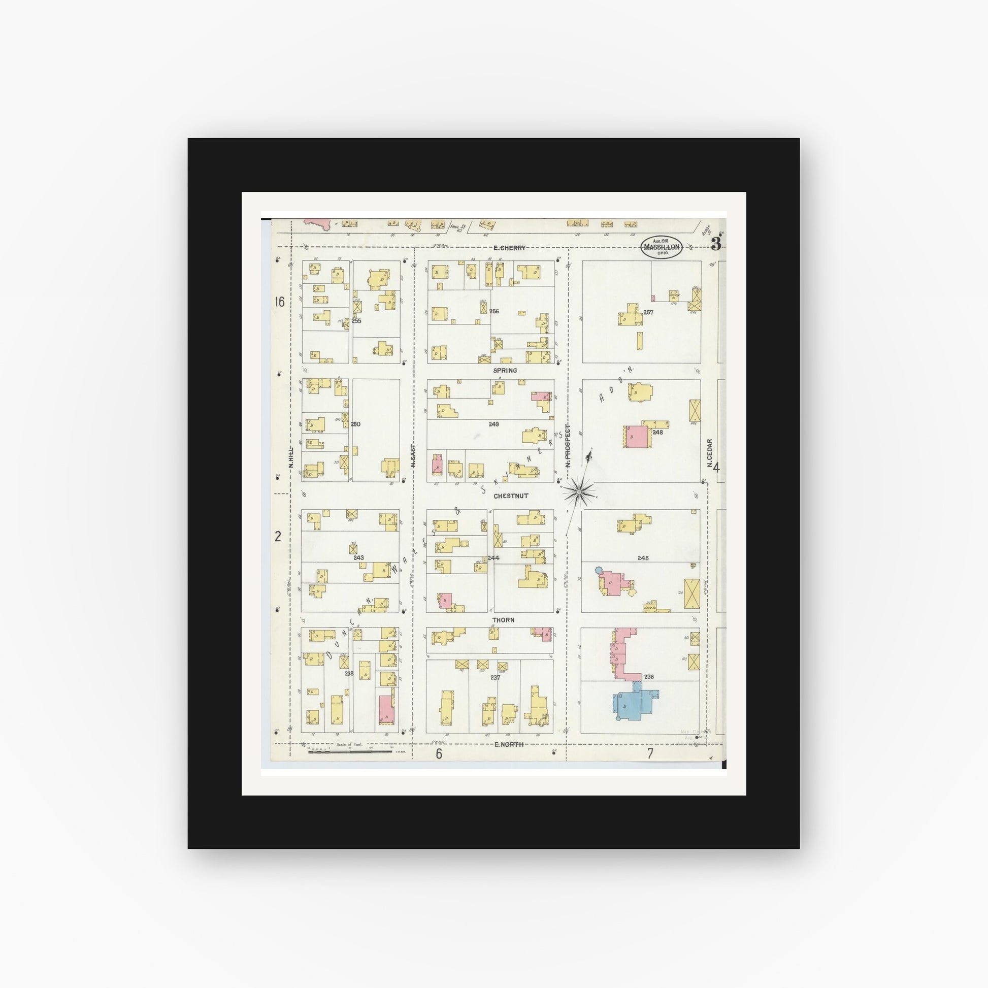 Old map wall art mockup — black gallery frame with white mat — Sanborn Fire Insurance Map from Massillon, Stark County, Ohio (1901), Sheet #0003