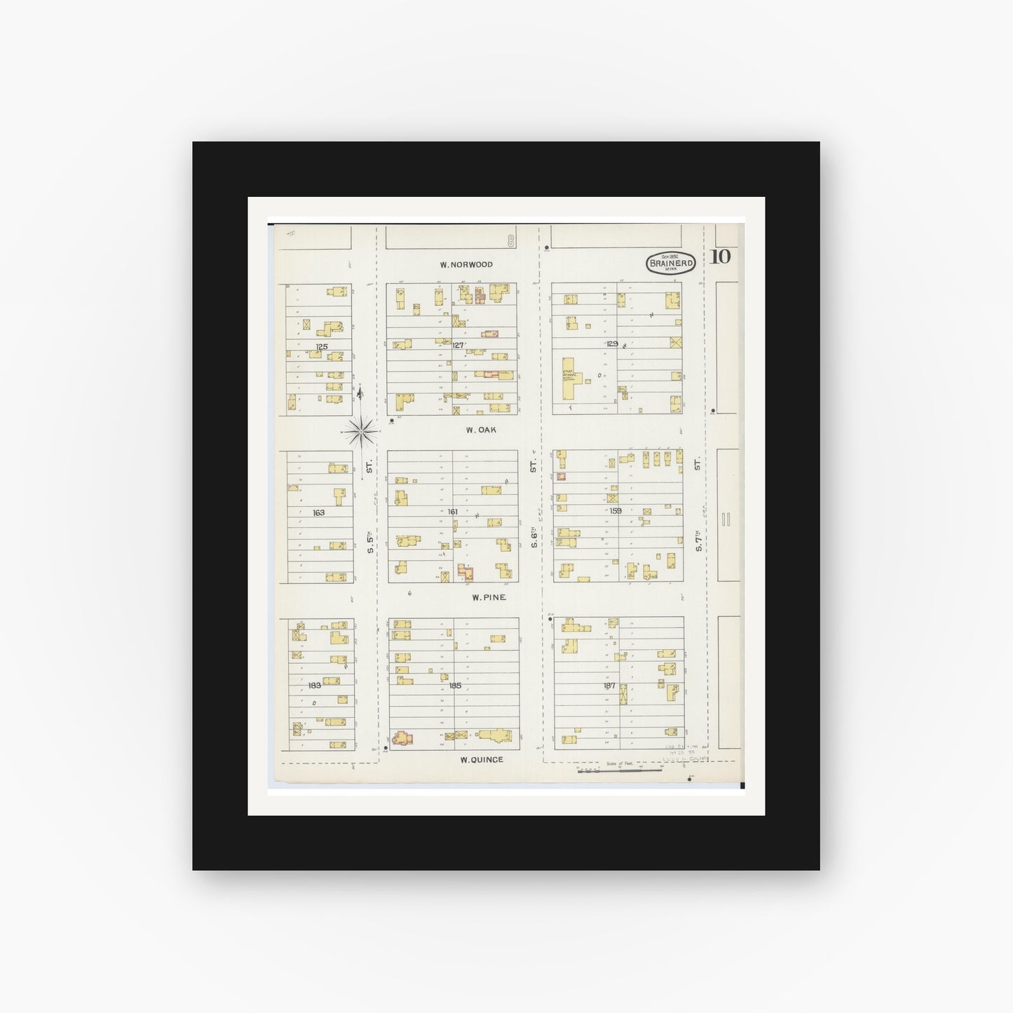 Old map wall art mockup — black gallery frame with white mat — Sanborn Fire Insurance Map from Brainerd, Crow Wing County, Minnesota (1892), Sheet #0010
