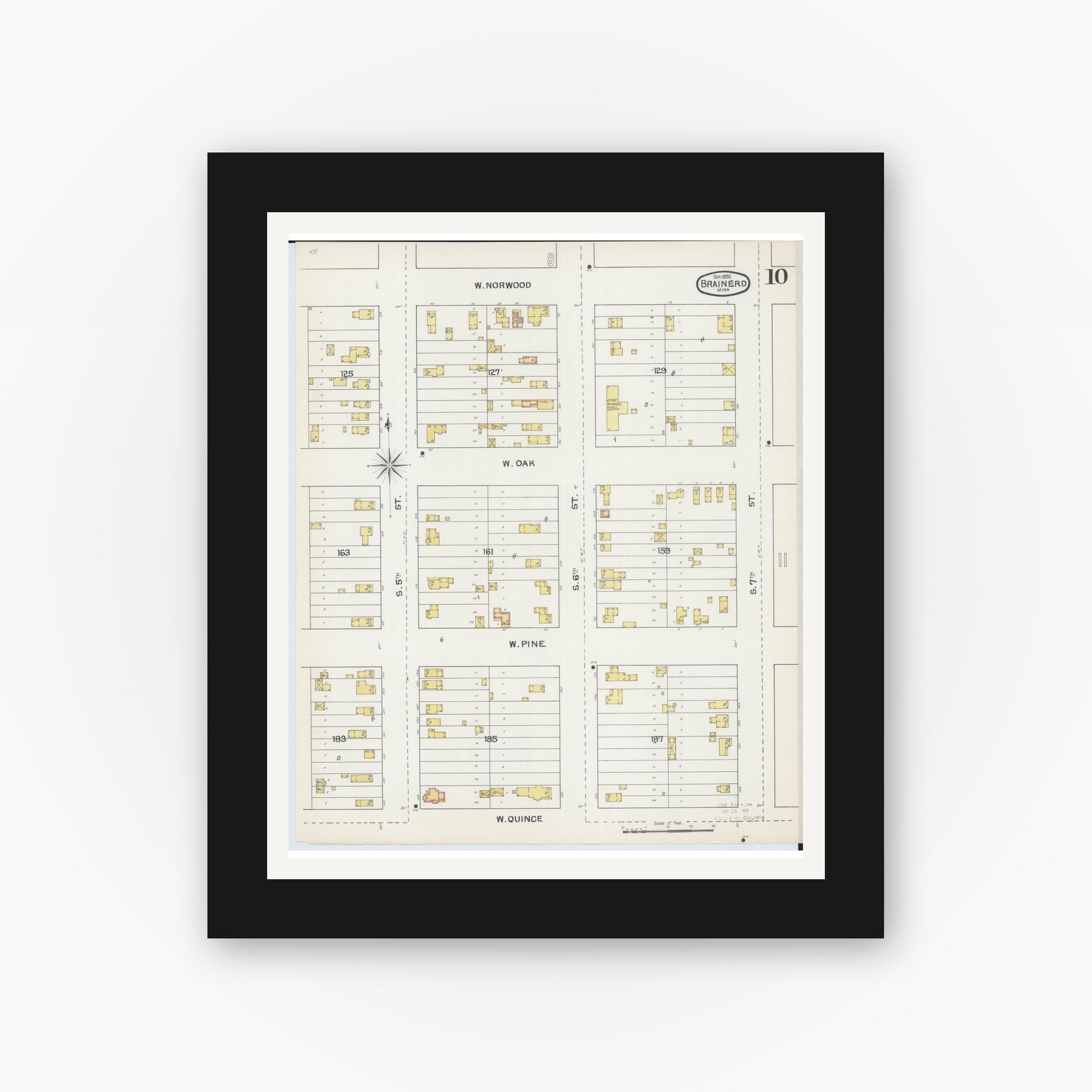 Old map wall art mockup — black gallery frame with white mat — Sanborn Fire Insurance Map from Brainerd, Crow Wing County, Minnesota (1892), Sheet #0010