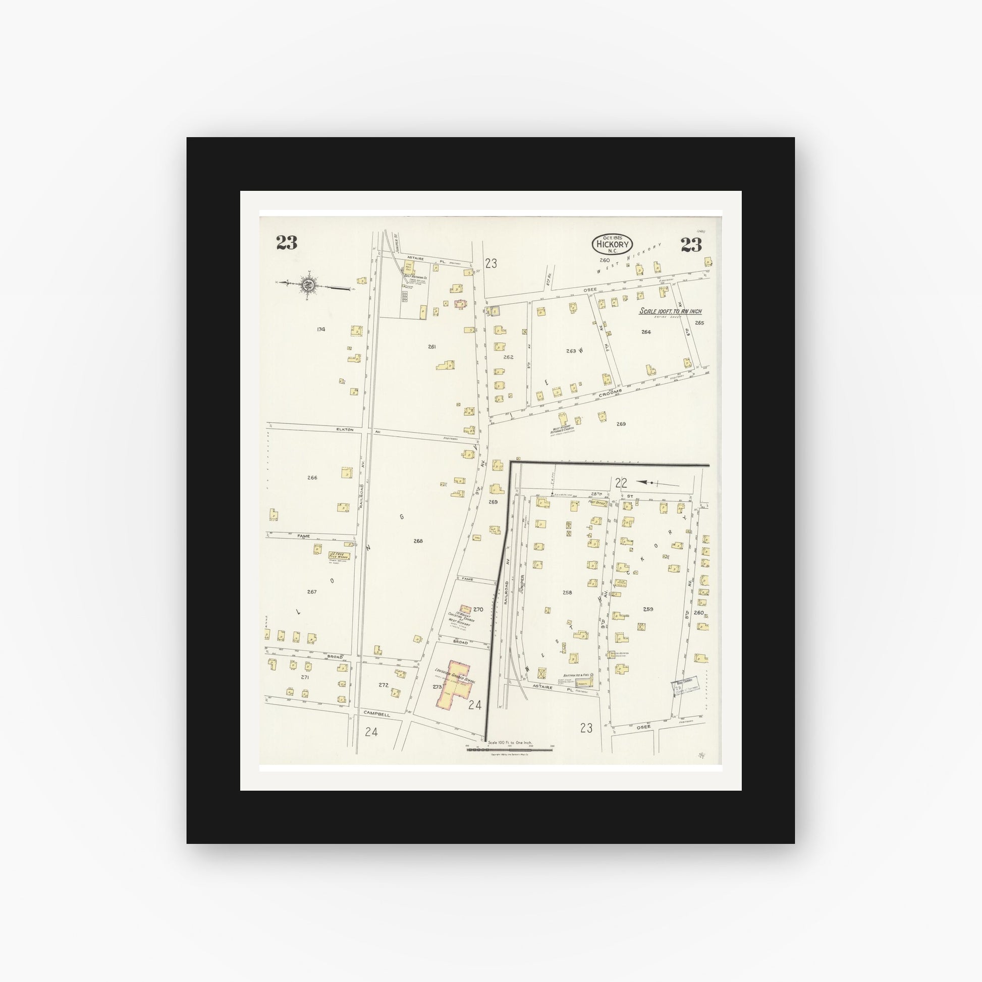 Old map wall art mockup — black gallery frame with white mat — Sanborn Fire Insurance Map from Hickory, Catawba County, North Carolina (1925), Sheet #0023