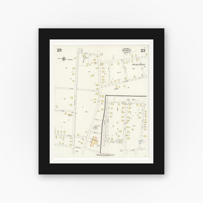 Old map wall art mockup — black gallery frame with white mat — Sanborn Fire Insurance Map from Hickory, Catawba County, North Carolina (1925), Sheet #0023