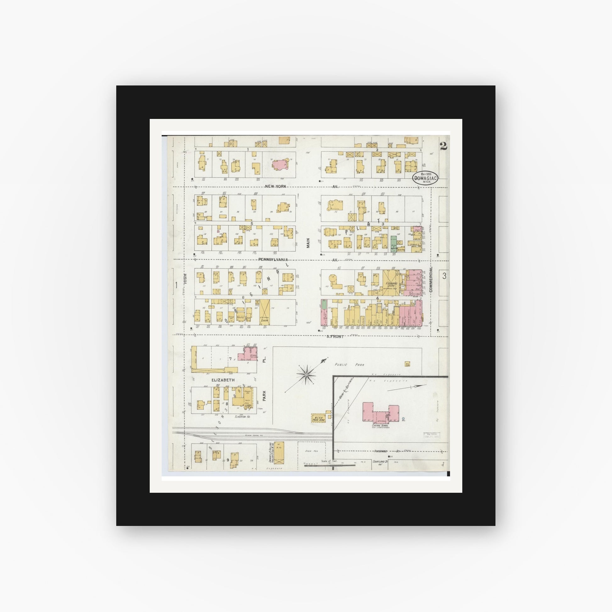 Old map wall art mockup — black gallery frame with white mat — Sanborn Fire Insurance Map from Dowagiac, Cass County, Michigan (1899), Sheet #0002