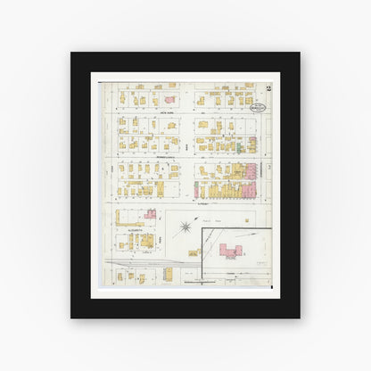 Old map wall art mockup — black gallery frame with white mat — Sanborn Fire Insurance Map from Dowagiac, Cass County, Michigan (1899), Sheet #0002