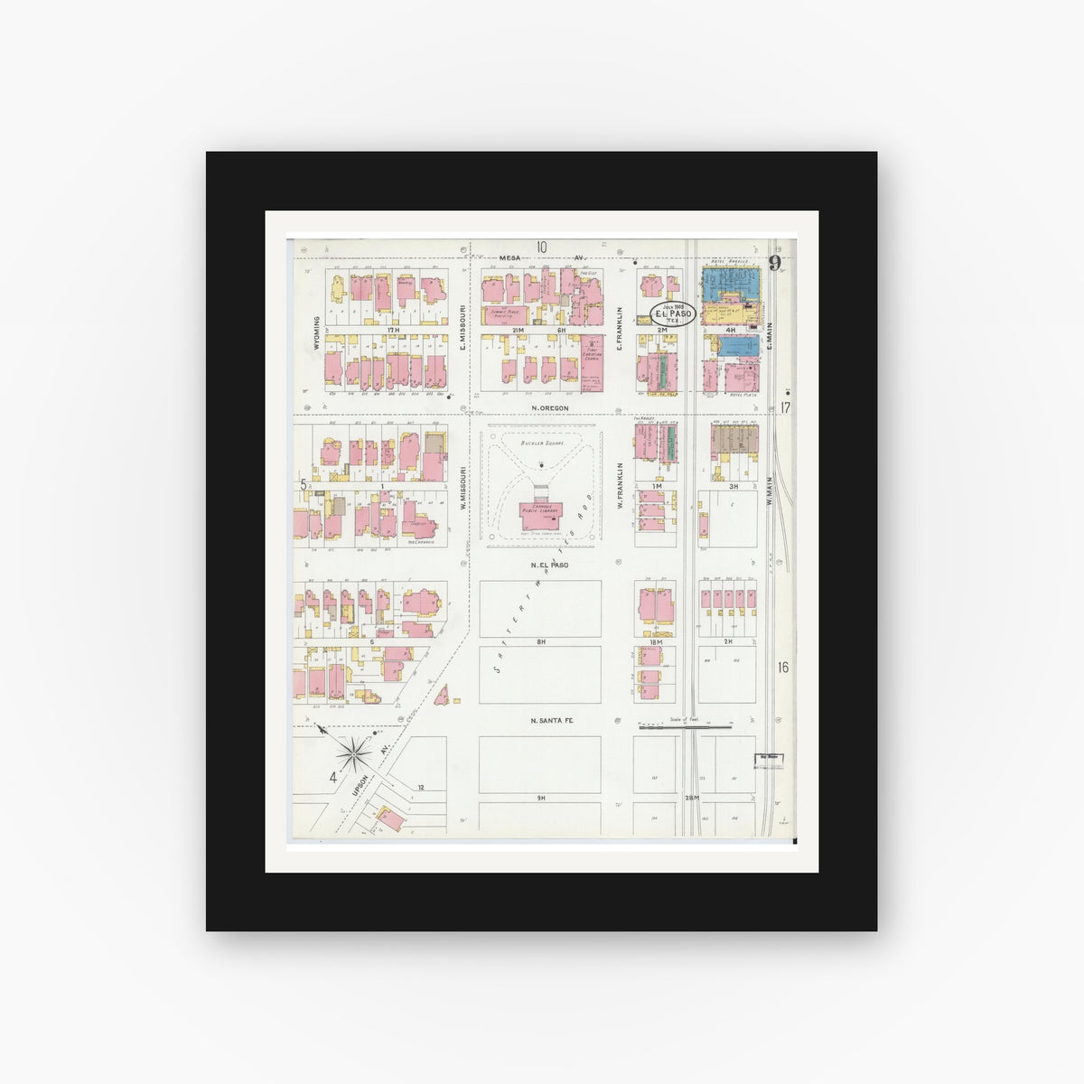 Old map wall art mockup — black gallery frame with white mat — Sanborn Fire Insurance Map from El Paso, El Paso County, Texas (1905), Sheet #0009