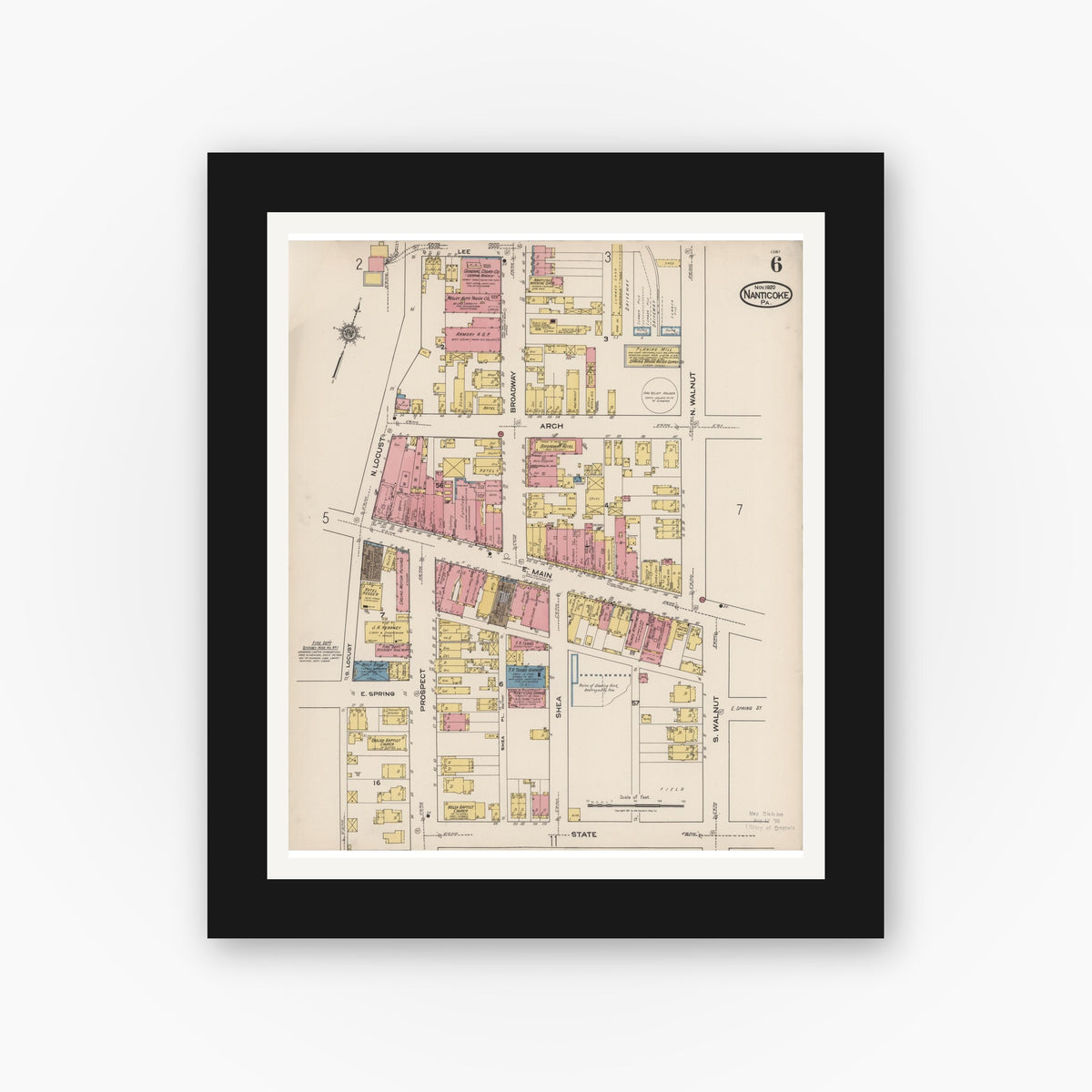 Old map wall art mockup — black gallery frame with white mat — Sanborn Fire Insurance Map from Nanticoke, Luzerne County, Pennsylvania (1920), Sheet #0006