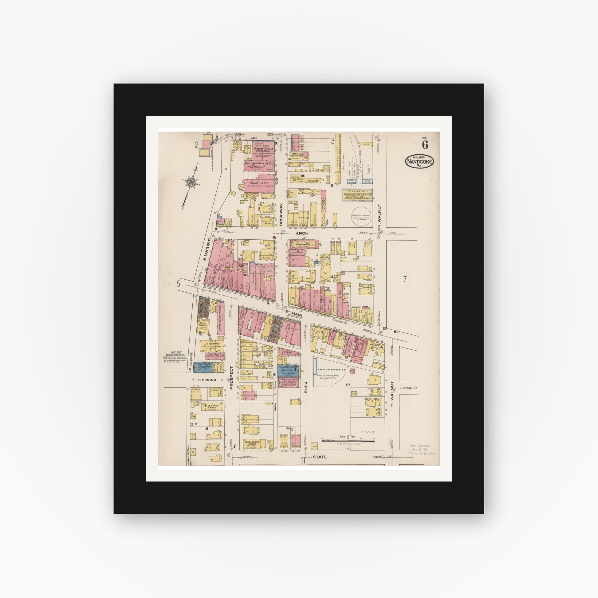 Old map wall art mockup — black gallery frame with white mat — Sanborn Fire Insurance Map from Nanticoke, Luzerne County, Pennsylvania (1920), Sheet #0006