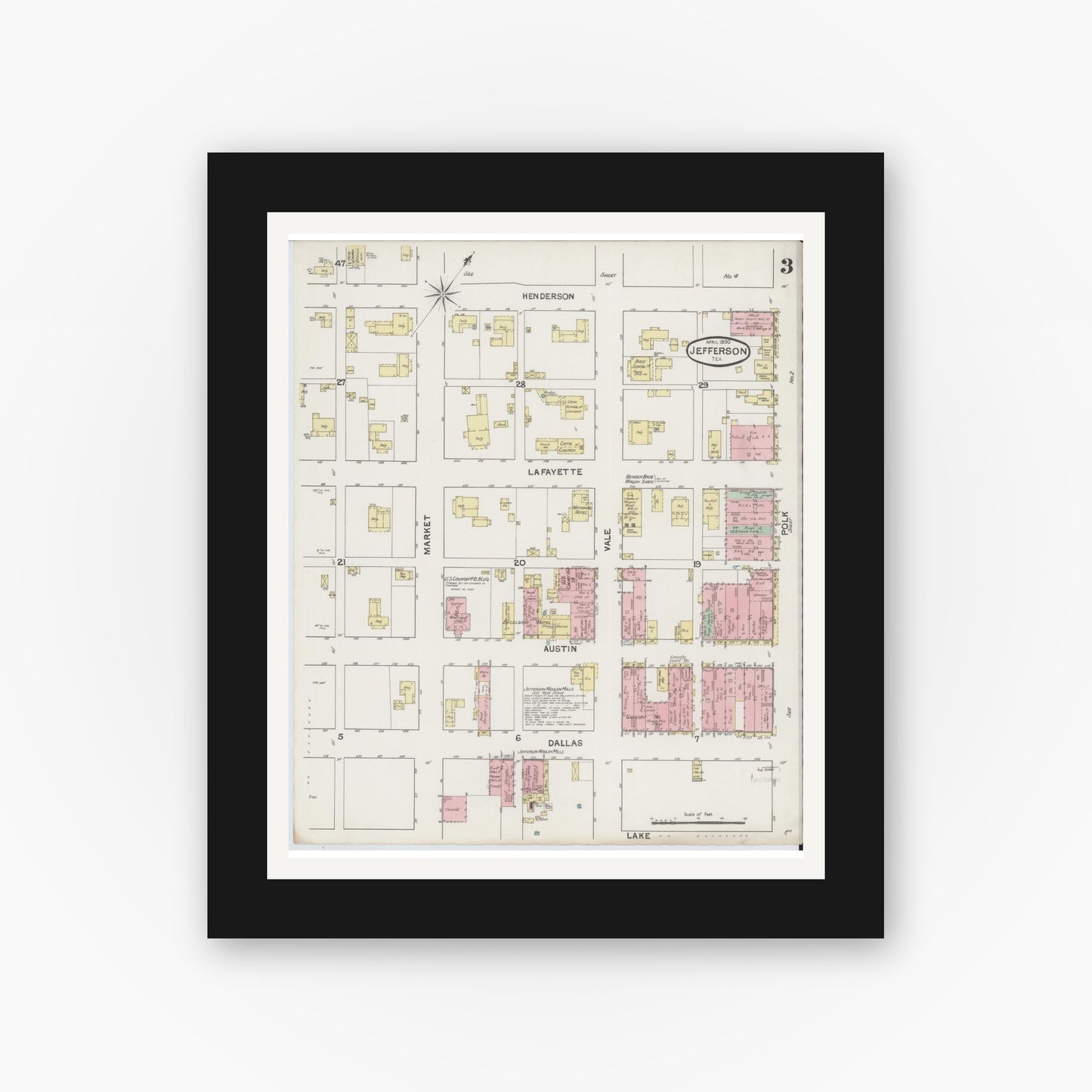 Old map wall art mockup — black gallery frame with white mat — Sanborn Fire Insurance Map from Jefferson, Marion County, Texas (1890), Sheet #0003
