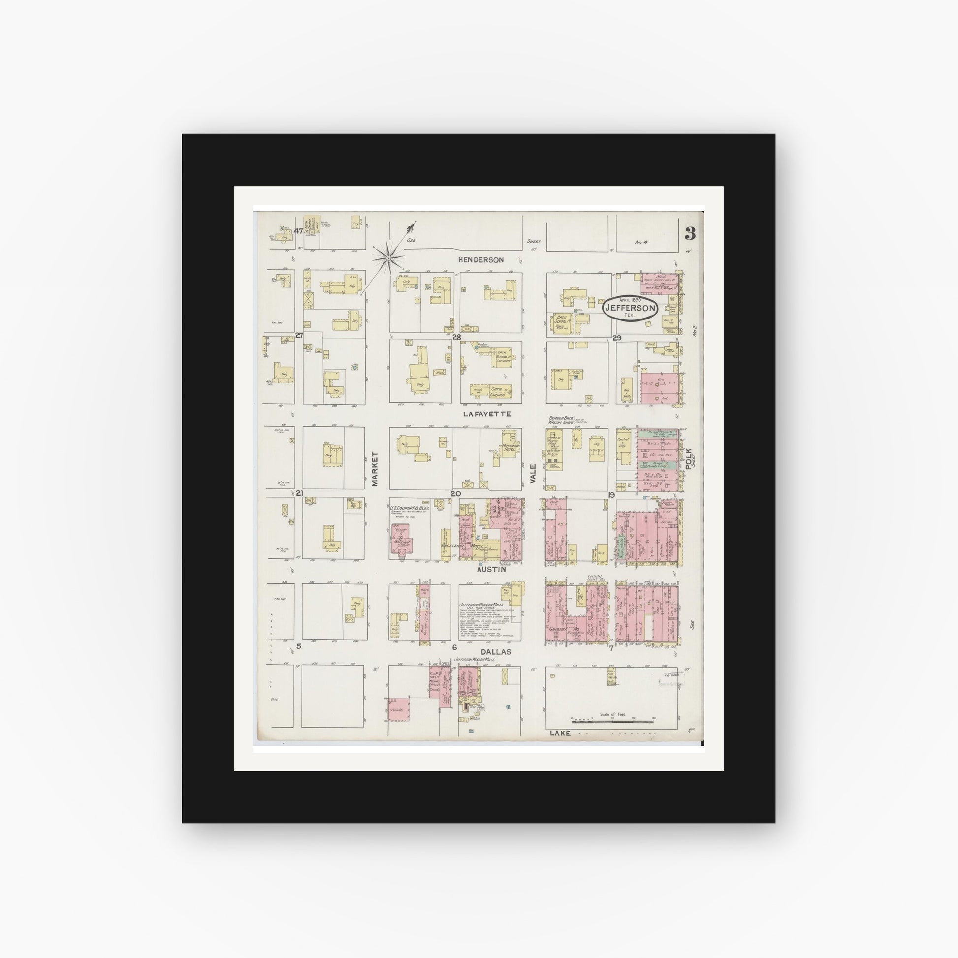Old map wall art mockup — black gallery frame with white mat — Sanborn Fire Insurance Map from Jefferson, Marion County, Texas (1890), Sheet #0003