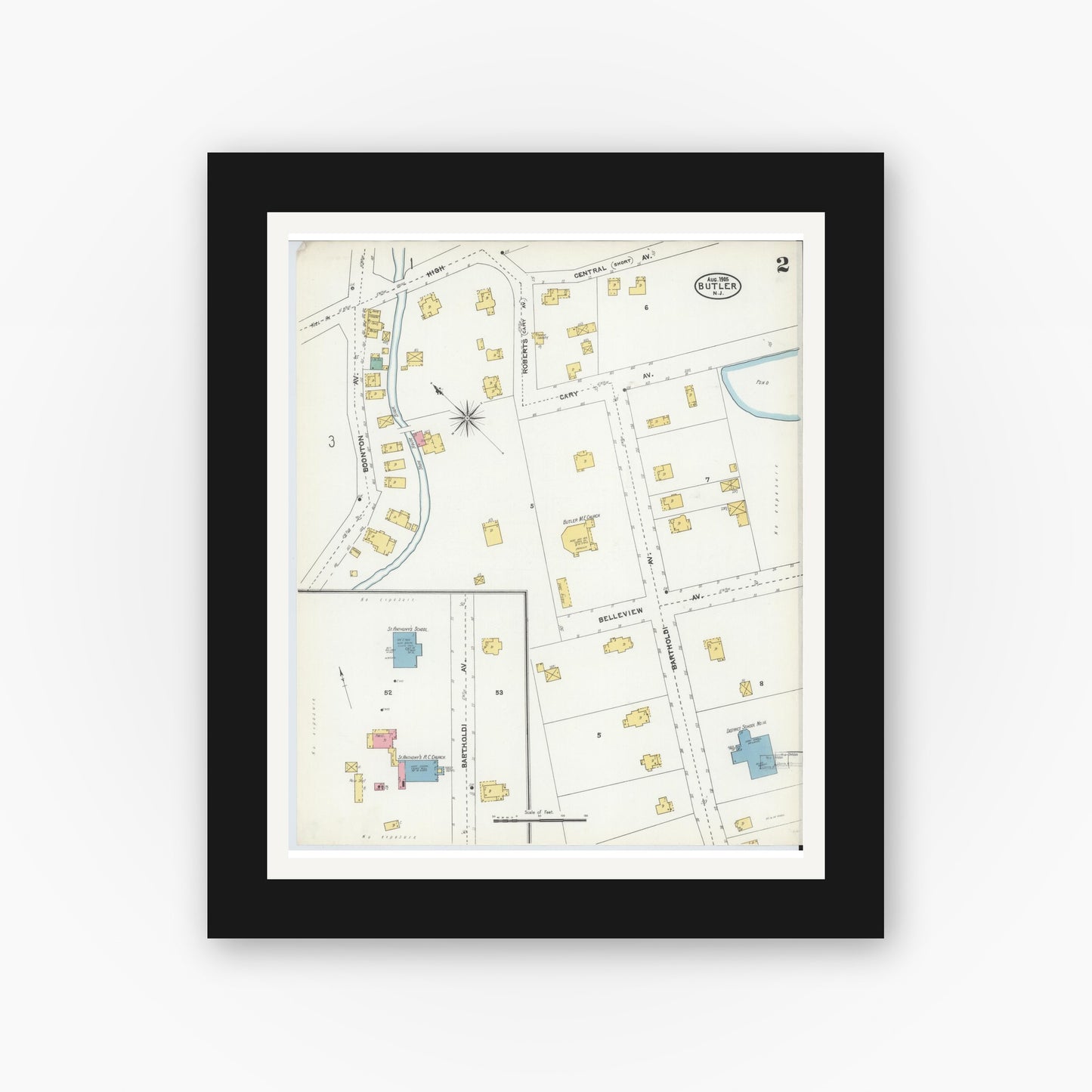 Old map wall art mockup — black gallery frame with white mat — Sanborn Fire Insurance Map from Butler, Morris County, New Jersey (1905), Sheet #0002