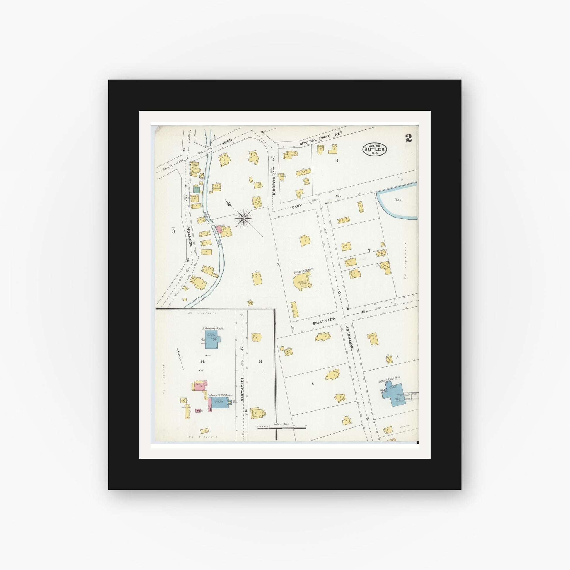 Old map wall art mockup — black gallery frame with white mat — Sanborn Fire Insurance Map from Butler, Morris County, New Jersey (1905), Sheet #0002