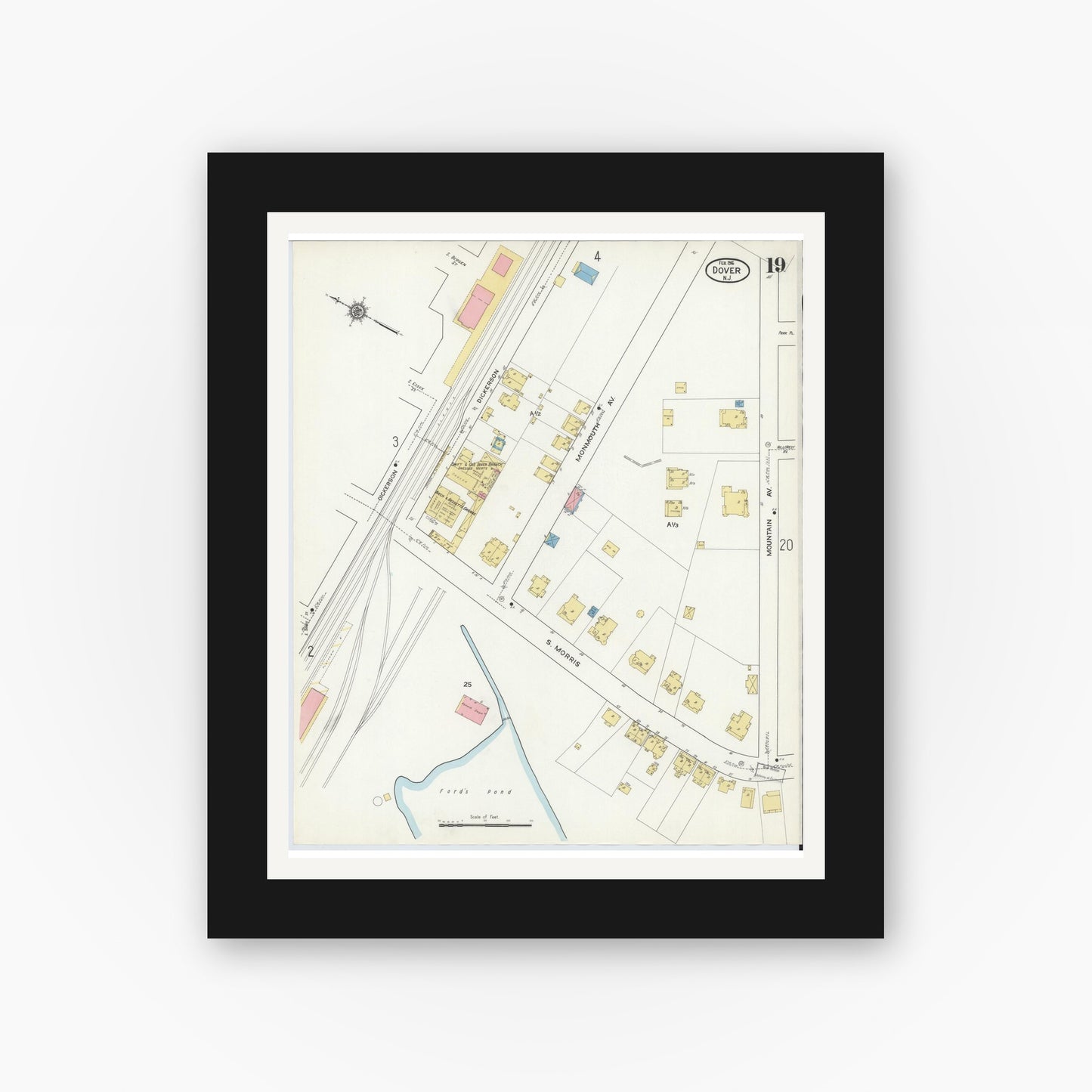 Old map wall art mockup — black gallery frame with white mat — Sanborn Fire Insurance Map from Dover, Morris County, New Jersey (1916), Sheet #0019