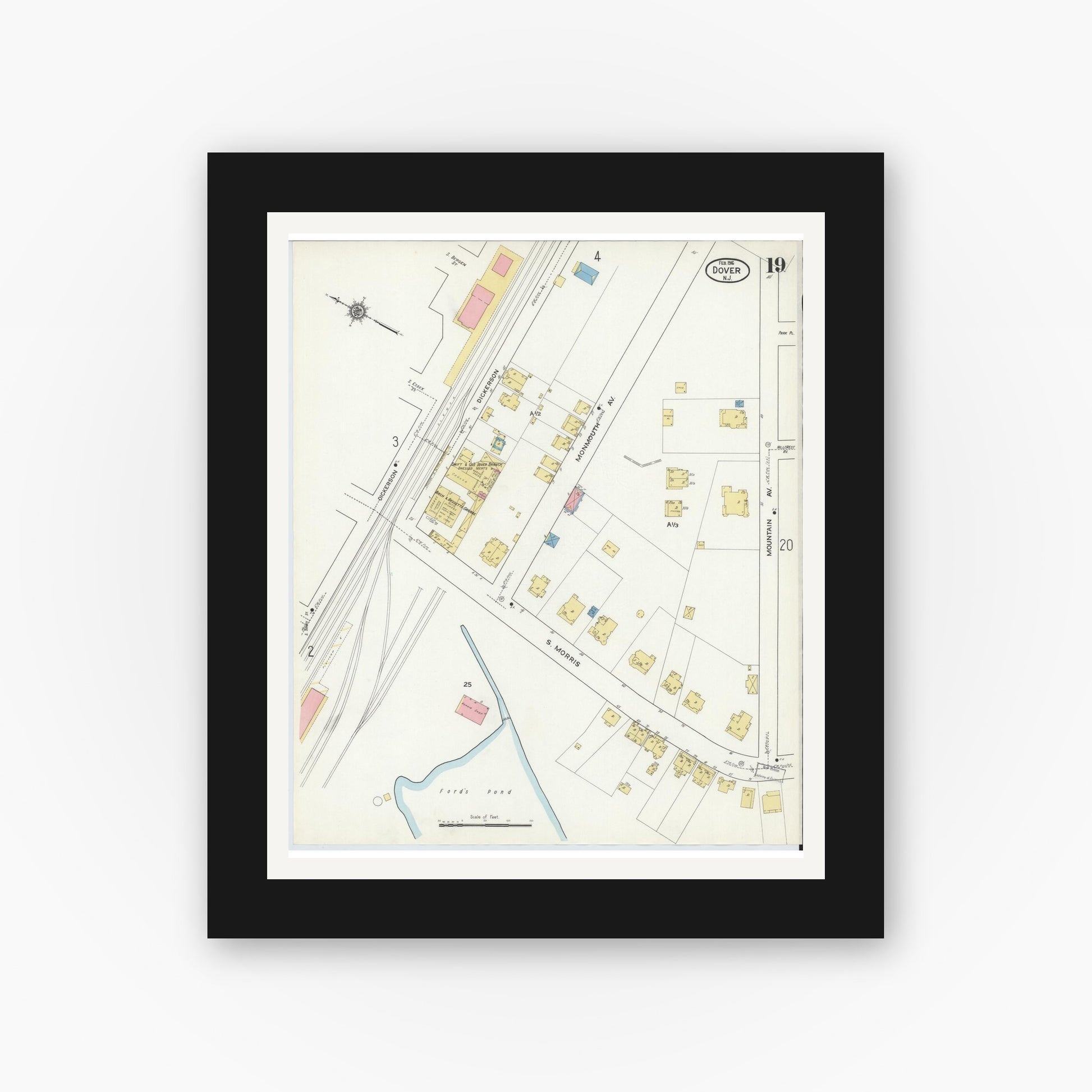 Old map wall art mockup — black gallery frame with white mat — Sanborn Fire Insurance Map from Dover, Morris County, New Jersey (1916), Sheet #0019