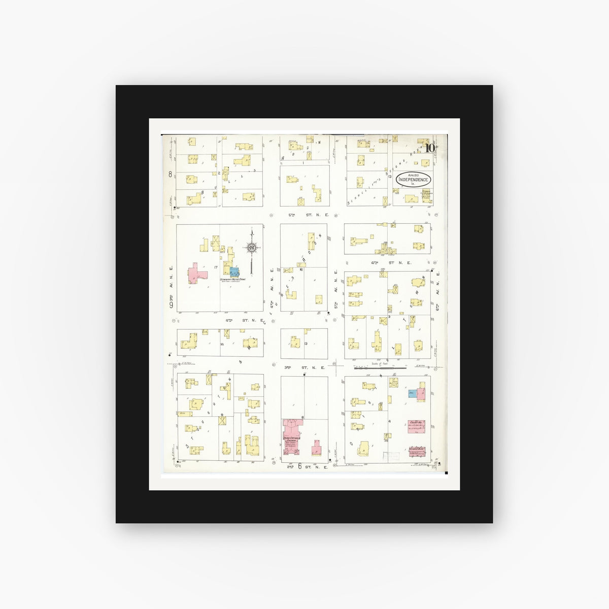 Old map wall art mockup — black gallery frame with white mat — Sanborn Fire Insurance Map from Independence, Buchanan County, Iowa (1913), Sheet #0010