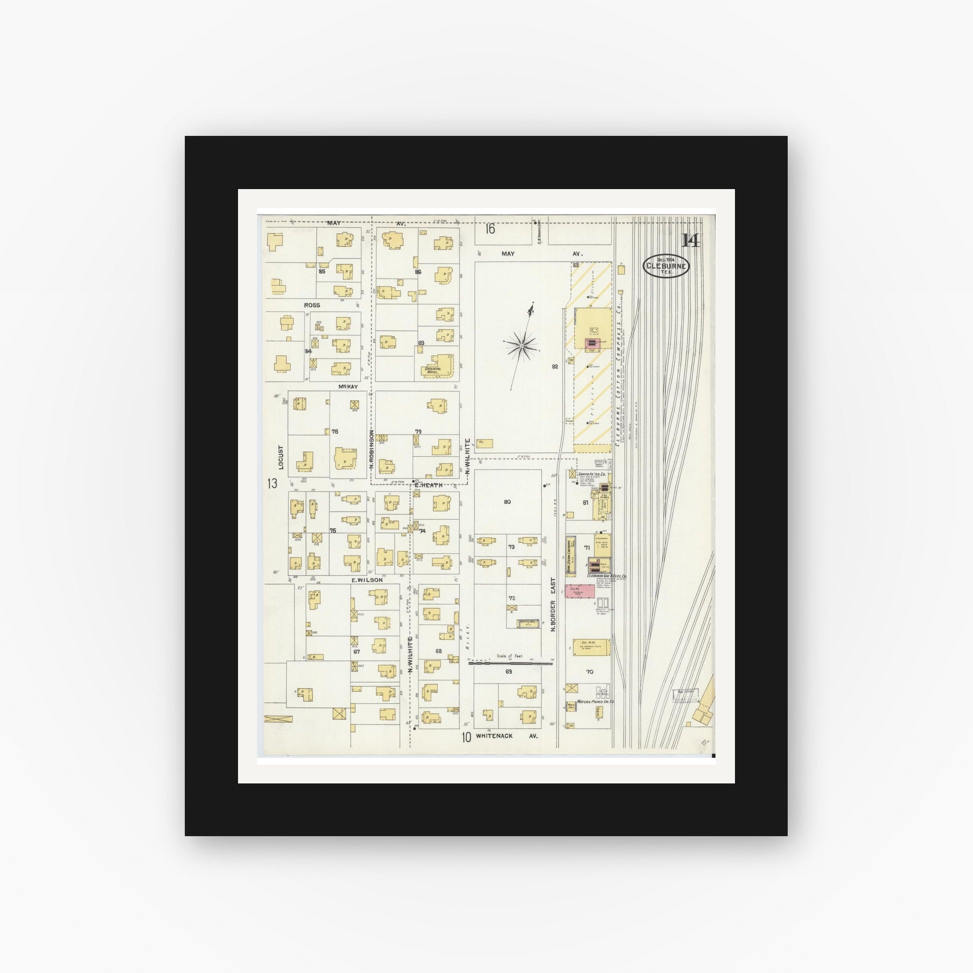 Old map wall art mockup — black gallery frame with white mat — Sanborn Fire Insurance Map from Cleburne, Johnson County, Texas (1904), Sheet #0014