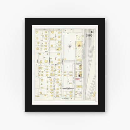 Old map wall art mockup — black gallery frame with white mat — Sanborn Fire Insurance Map from Cleburne, Johnson County, Texas (1904), Sheet #0014