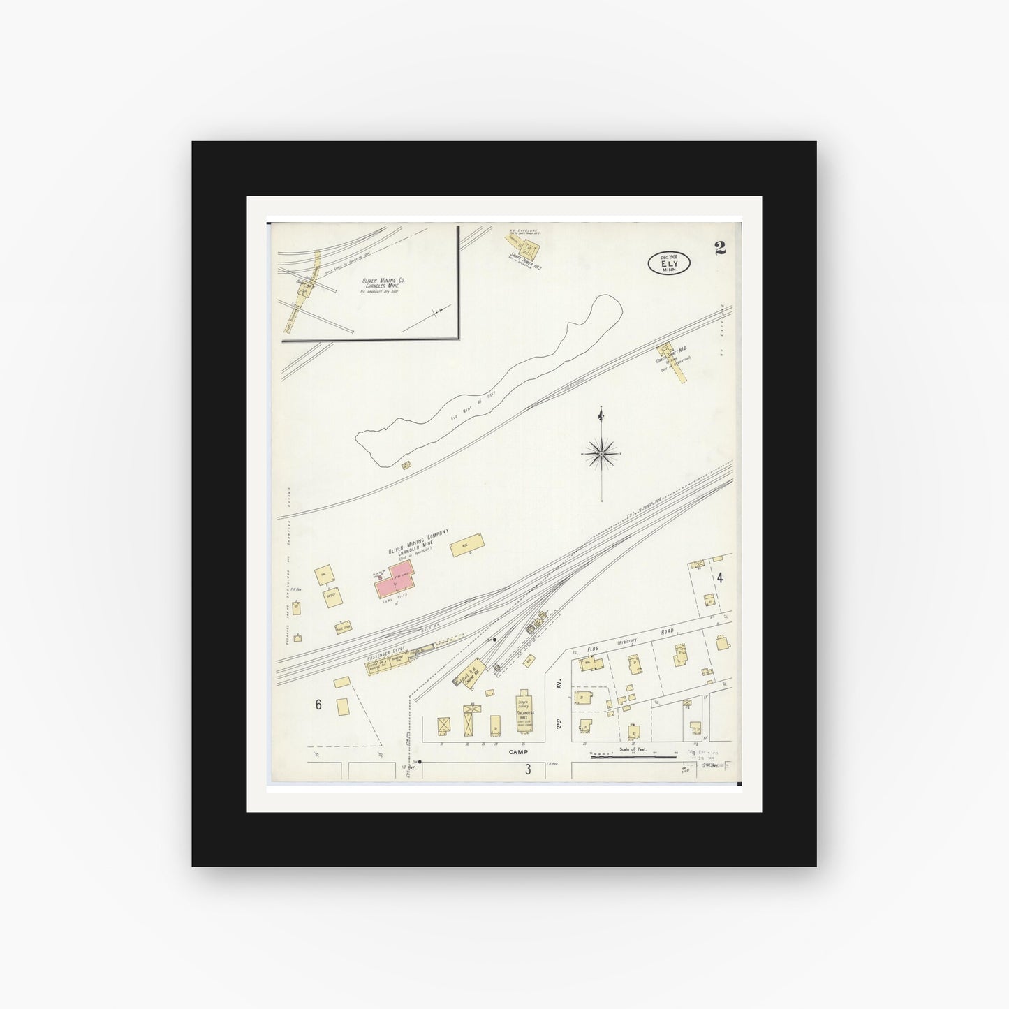 Old map wall art mockup — black gallery frame with white mat — Sanborn Fire Insurance Map from Ely, Saint Louis County, Minnesota (1906), Sheet #0002