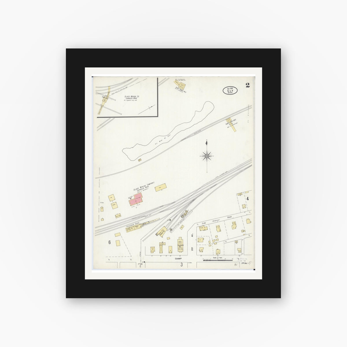 Old map wall art mockup — black gallery frame with white mat — Sanborn Fire Insurance Map from Ely, Saint Louis County, Minnesota (1906), Sheet #0002