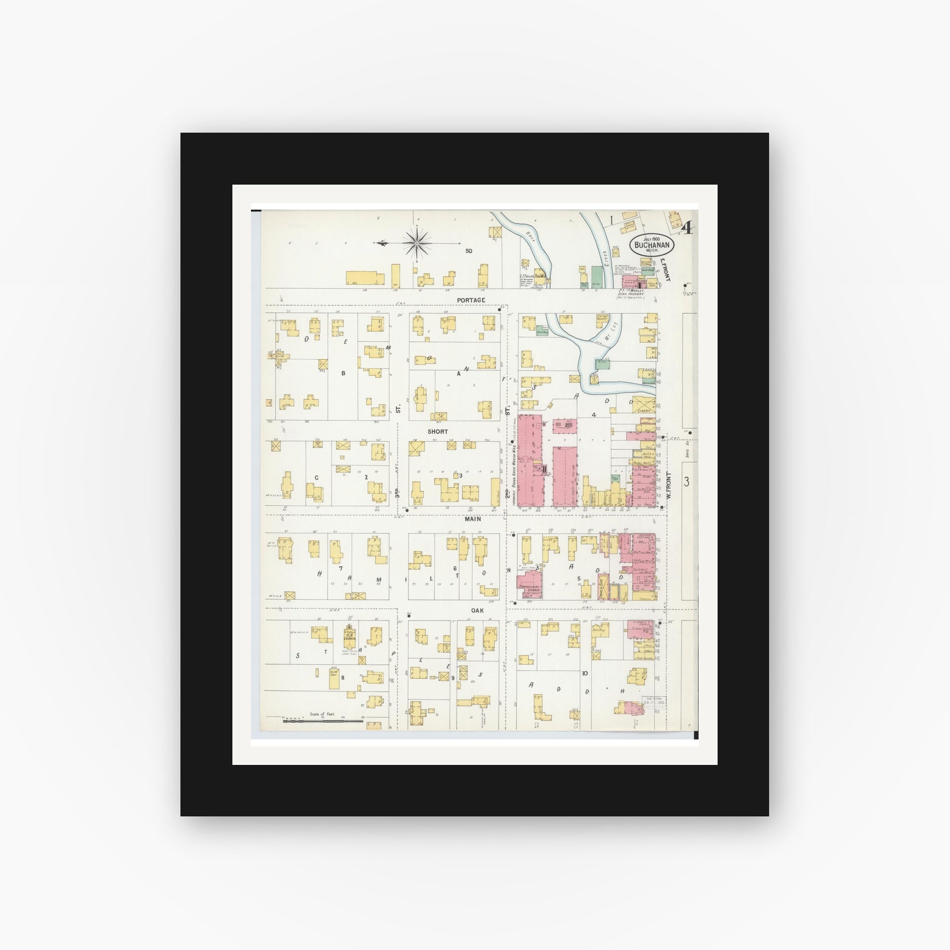 Old map wall art mockup — black gallery frame with white mat — Sanborn Fire Insurance Map from Buchanan, Berrien County, Michigan (1900), Sheet #0004