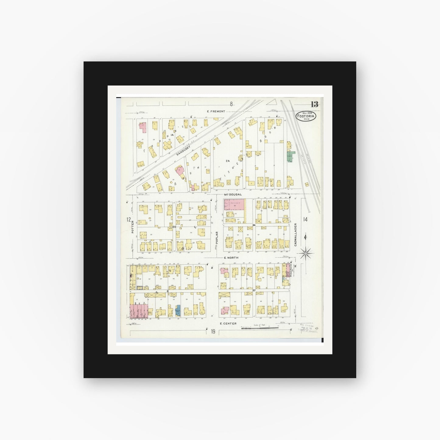 Old map wall art mockup — black gallery frame with white mat — Sanborn Fire Insurance Map from Fostoria, Seneca, Hancock, And Wood Counties, Ohio (1908), Sheet #0013