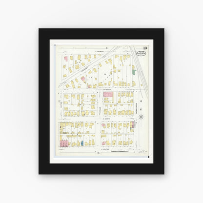 Old map wall art mockup — black gallery frame with white mat — Sanborn Fire Insurance Map from Fostoria, Seneca, Hancock, And Wood Counties, Ohio (1908), Sheet #0013