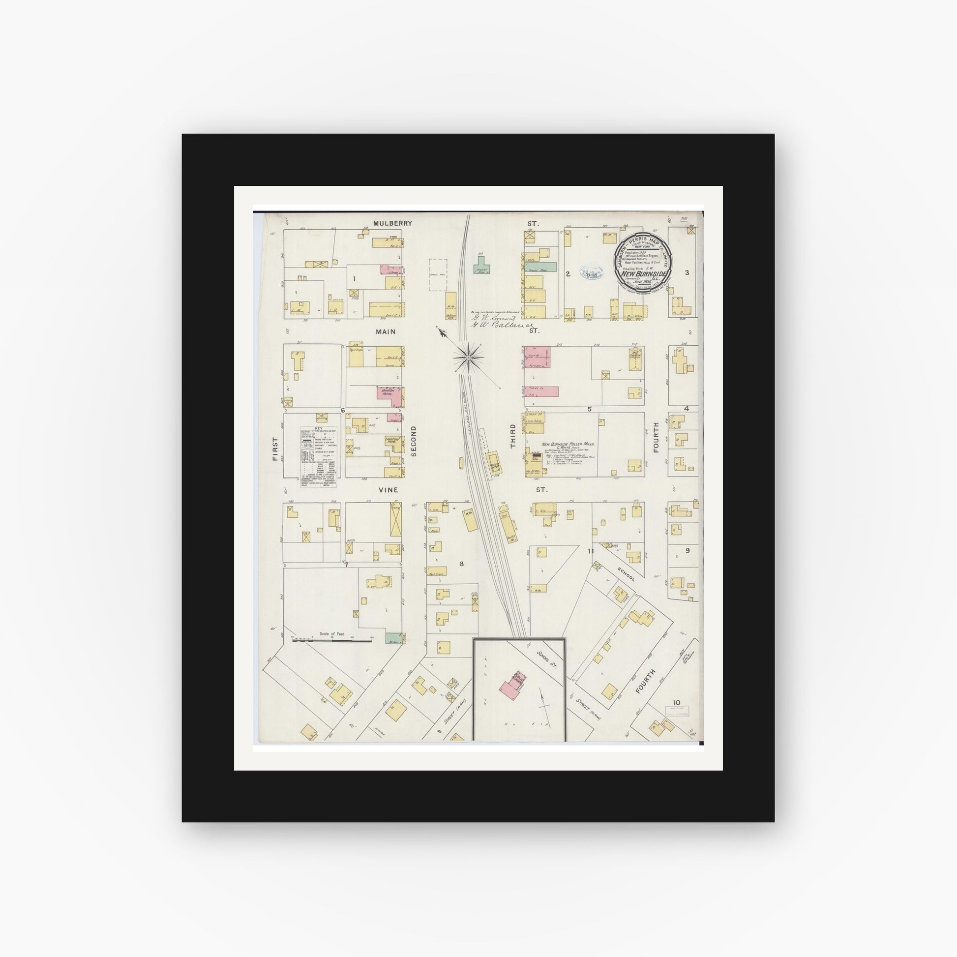 Old map wall art mockup — black gallery frame with white mat — Sanborn Fire Insurance Map from New Burnside, Johnson County, Illinois (1894), Sheet #0001