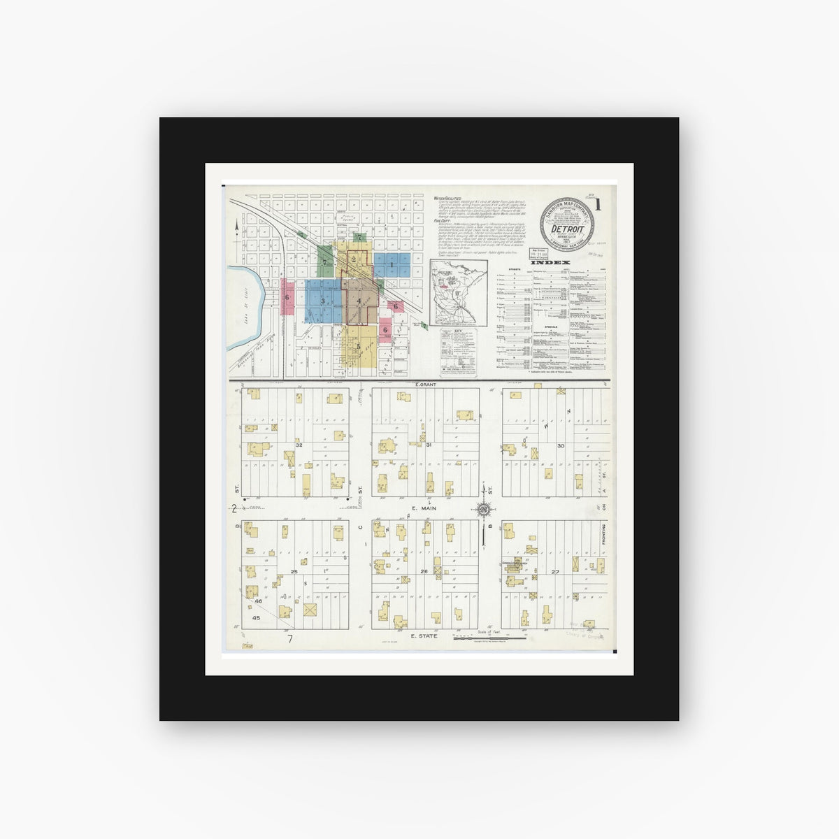 Old map wall art mockup — black gallery frame with white mat — Sanborn Fire Insurance Map from Detroit Lakes, Becker County, Minnesota (1917), Sheet #0001