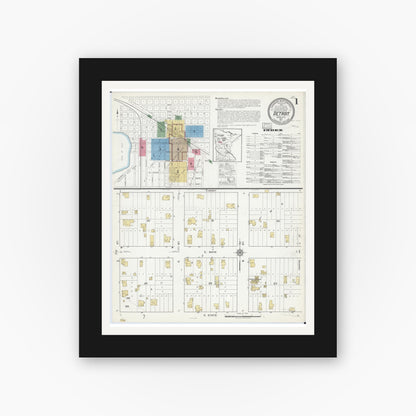 Old map wall art mockup — black gallery frame with white mat — Sanborn Fire Insurance Map from Detroit Lakes, Becker County, Minnesota (1917), Sheet #0001