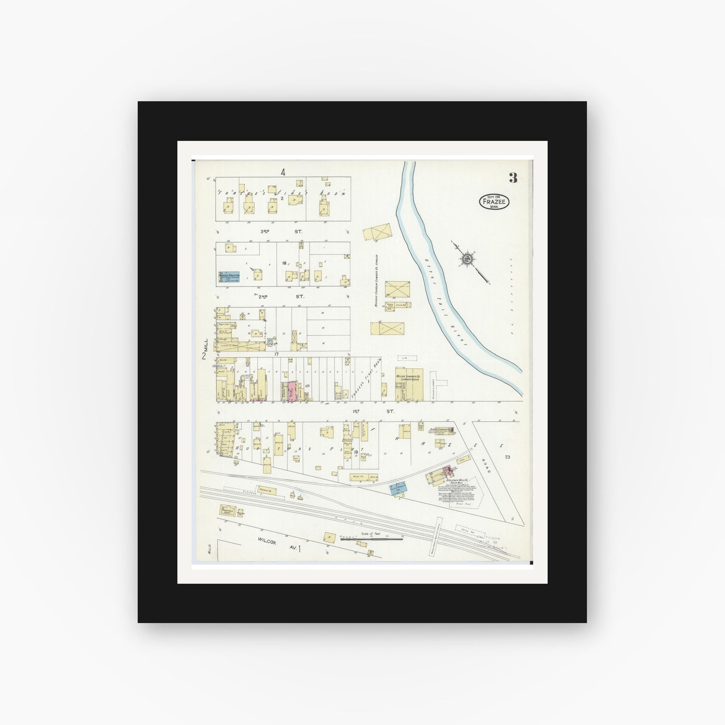 Old map wall art mockup — black gallery frame with white mat — Sanborn Fire Insurance Map from Frazee, Becker County, Minnesota (1914), Sheet #0003