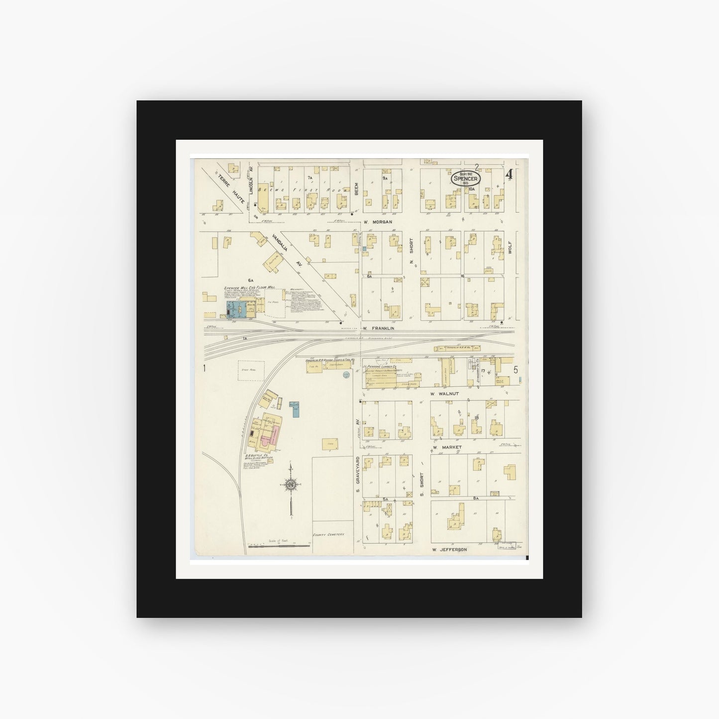 Old map wall art mockup — black gallery frame with white mat — Sanborn Fire Insurance Map from Spencer, Owen County, Indiana (1912), Sheet #0004