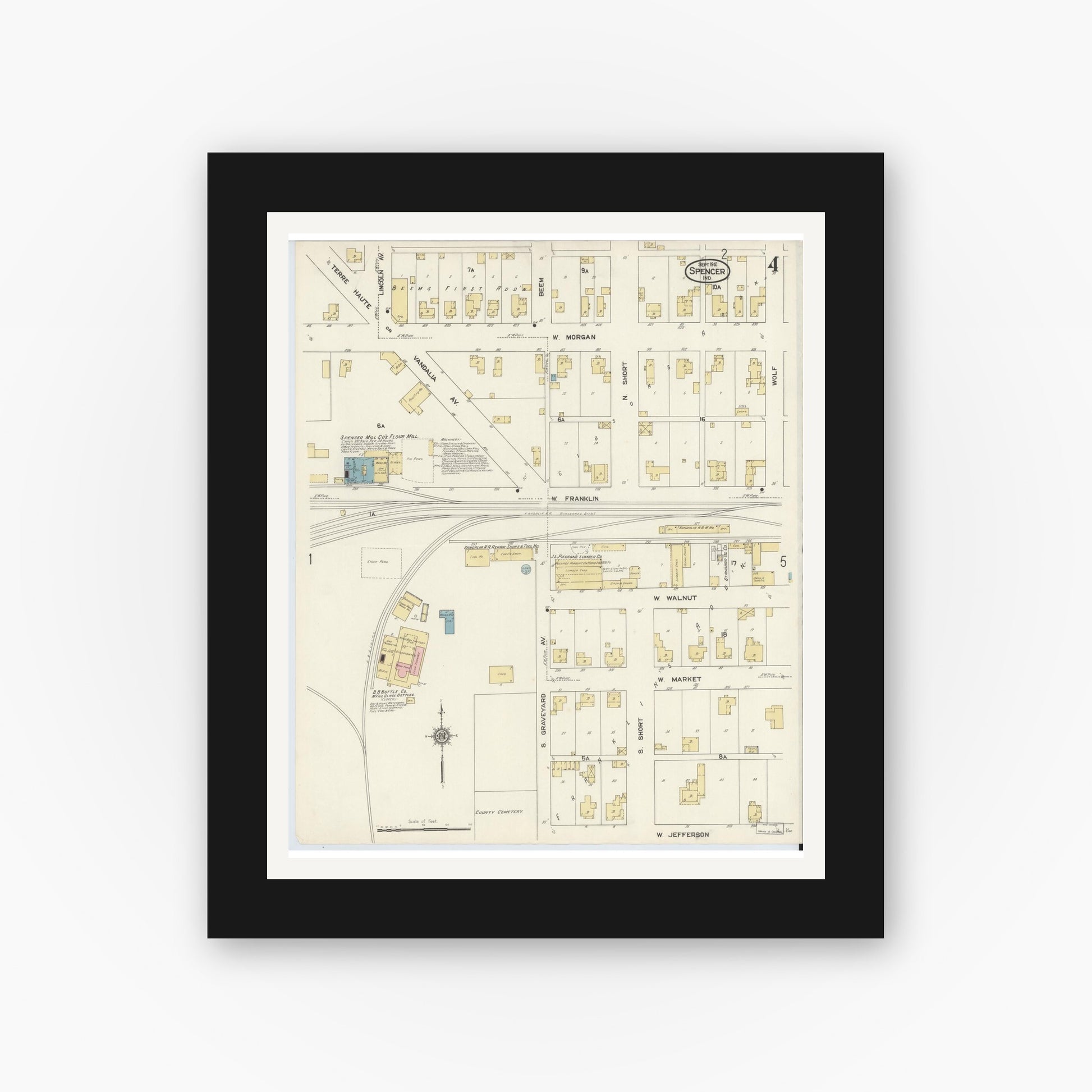 Old map wall art mockup — black gallery frame with white mat — Sanborn Fire Insurance Map from Spencer, Owen County, Indiana (1912), Sheet #0004
