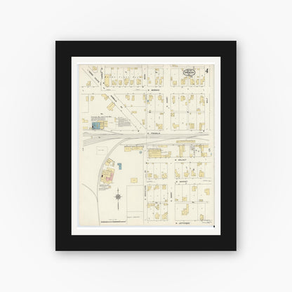 Old map wall art mockup — black gallery frame with white mat — Sanborn Fire Insurance Map from Spencer, Owen County, Indiana (1912), Sheet #0004
