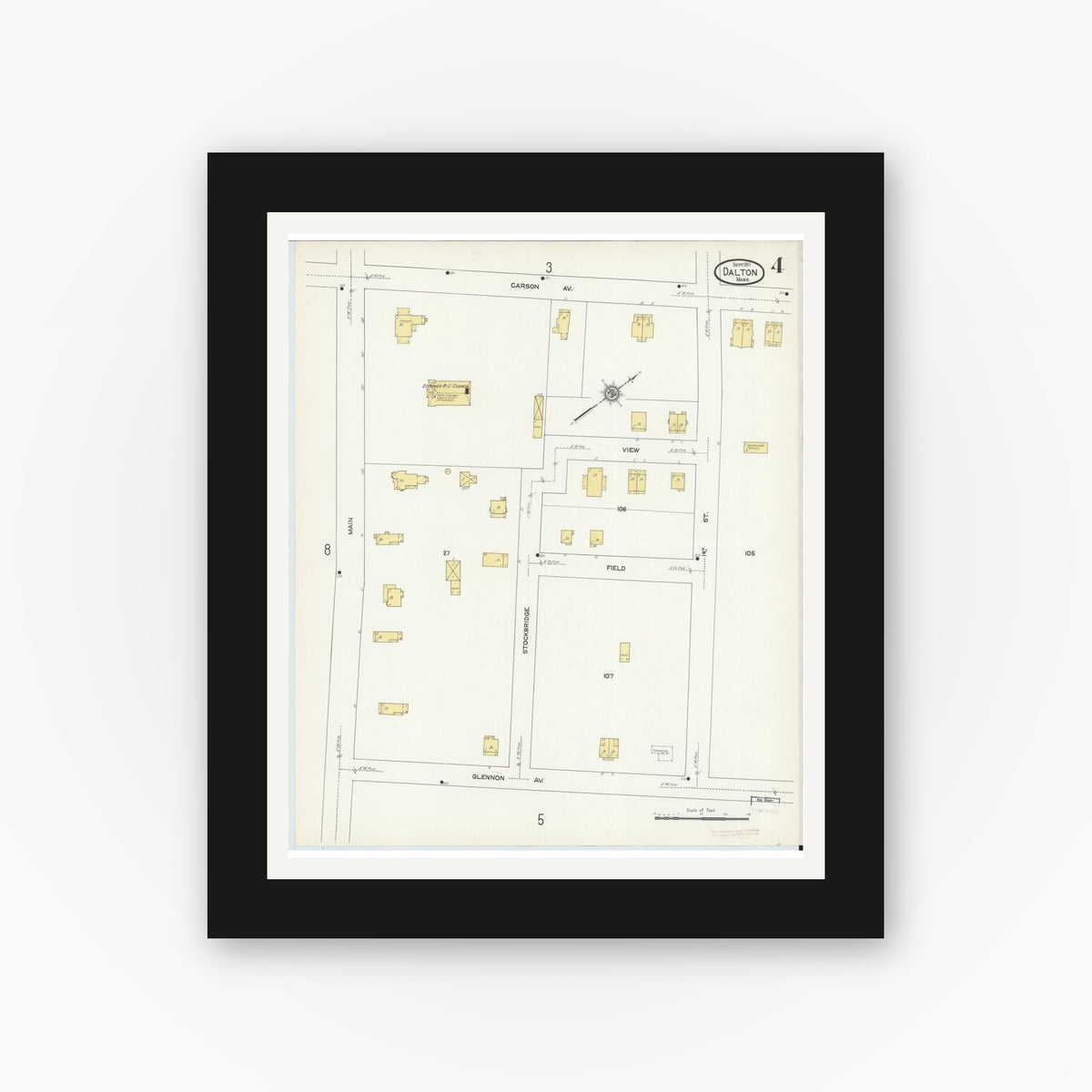 Old map wall art mockup — black gallery frame with white mat — Sanborn Fire Insurance Map from Dalton, Berkshire County, Massachusetts (1911), Sheet #0004