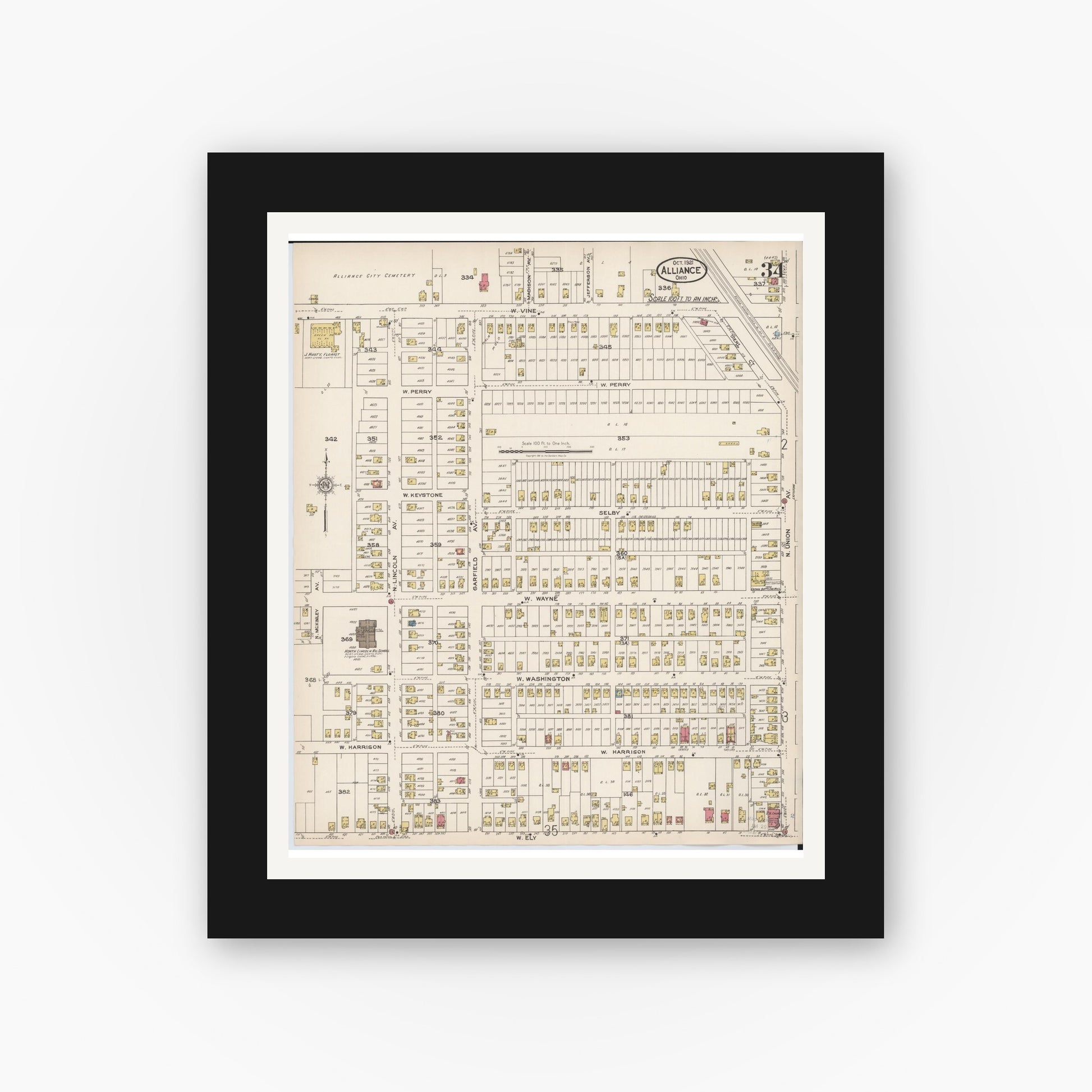 Old map wall art mockup — black gallery frame with white mat — Sanborn Fire Insurance Map from Alliance, Stark County, Ohio (1921), Sheet #0034