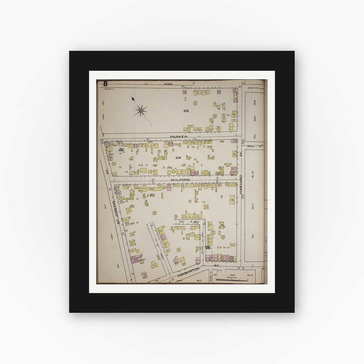 Old map wall art mockup — black gallery frame with white mat — Sanborn Fire Insurance Map from Yonkers, Westchester County, New York (1886), Sheet #0008