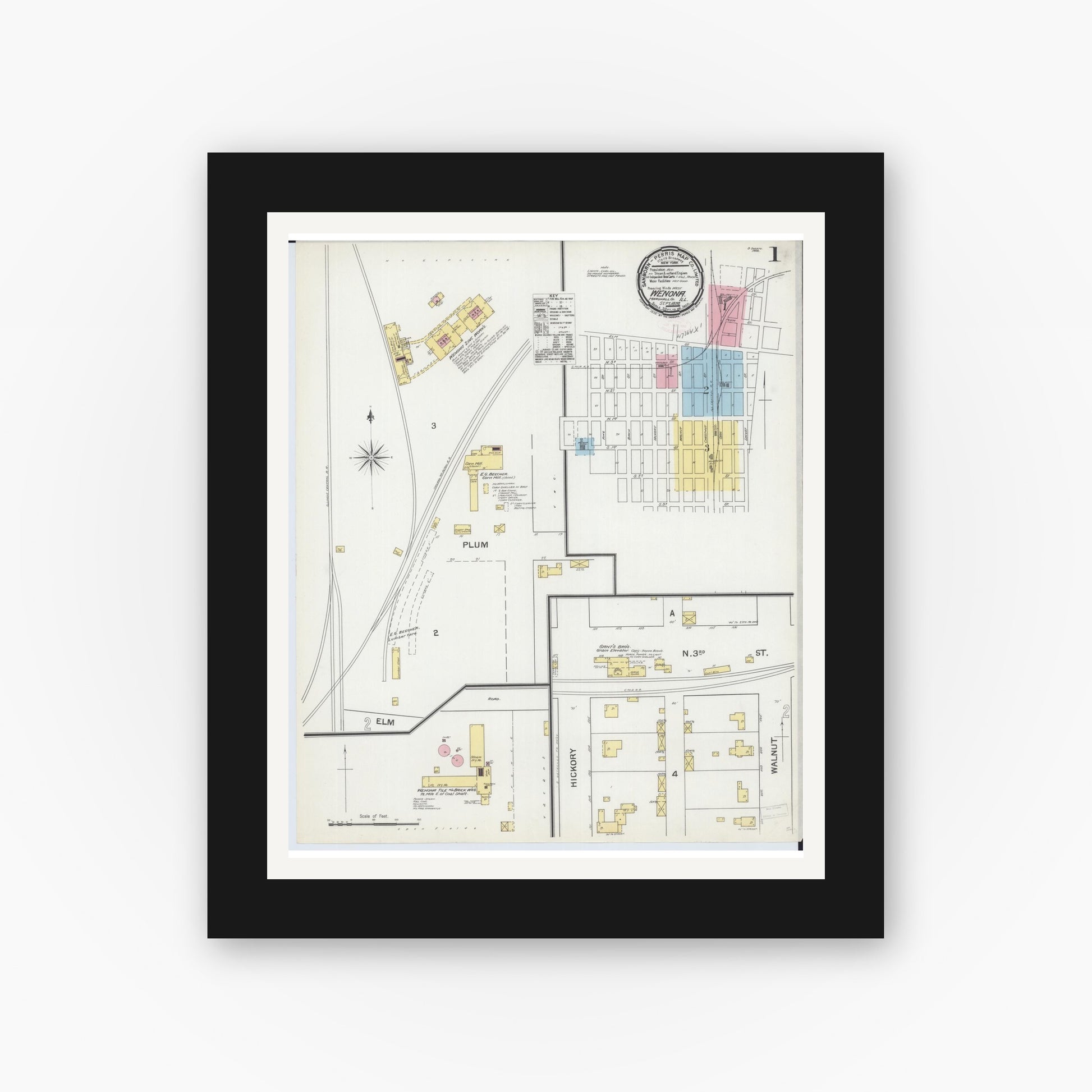 Old map wall art mockup — black gallery frame with white mat — Sanborn Fire Insurance Map from Wenona, Marshall County, Illinois (1892) - Complete Map Set