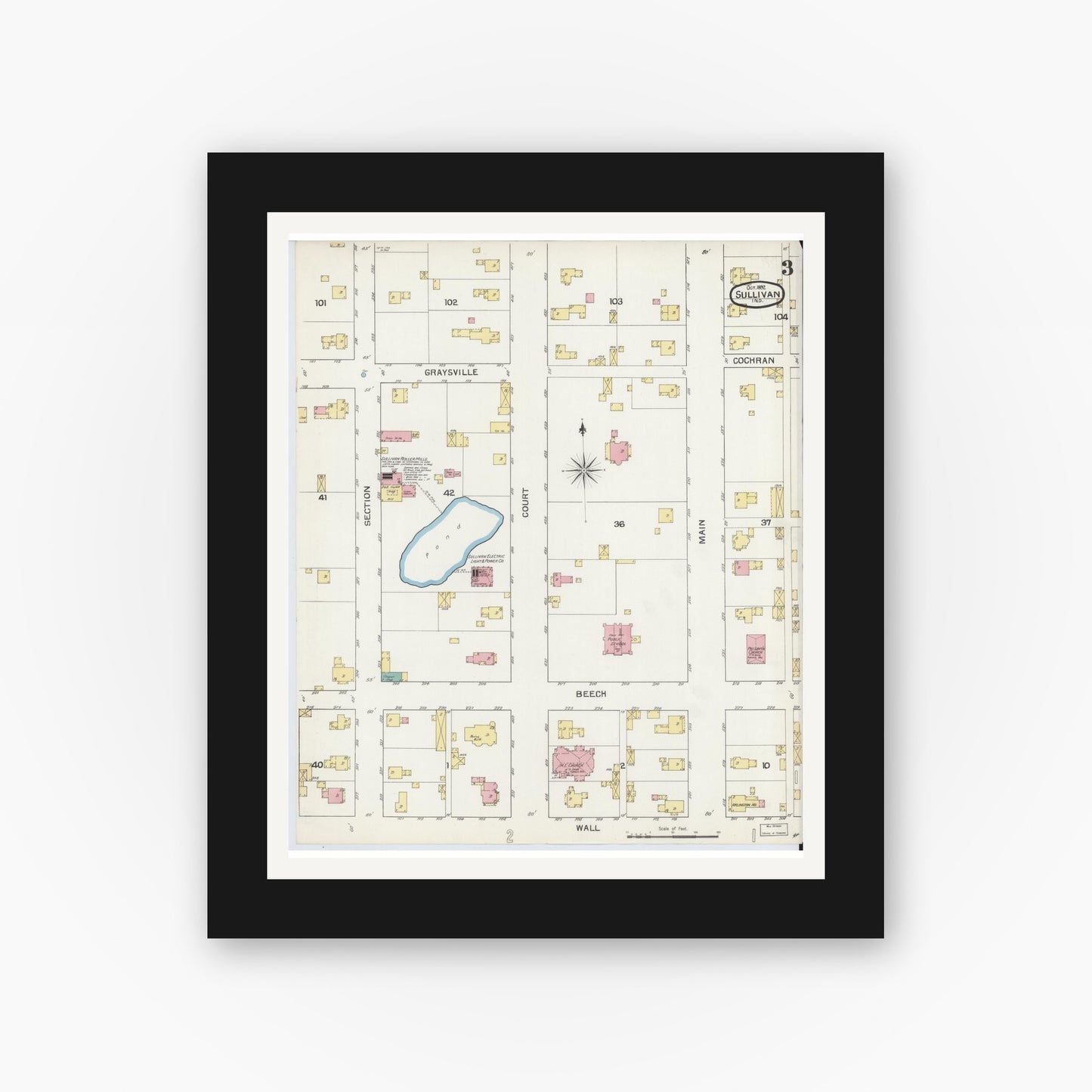 Old map wall art mockup — black gallery frame with white mat — Sanborn Fire Insurance Map from Sullivan, Sullivan County, Indiana (1892), Sheet #0003