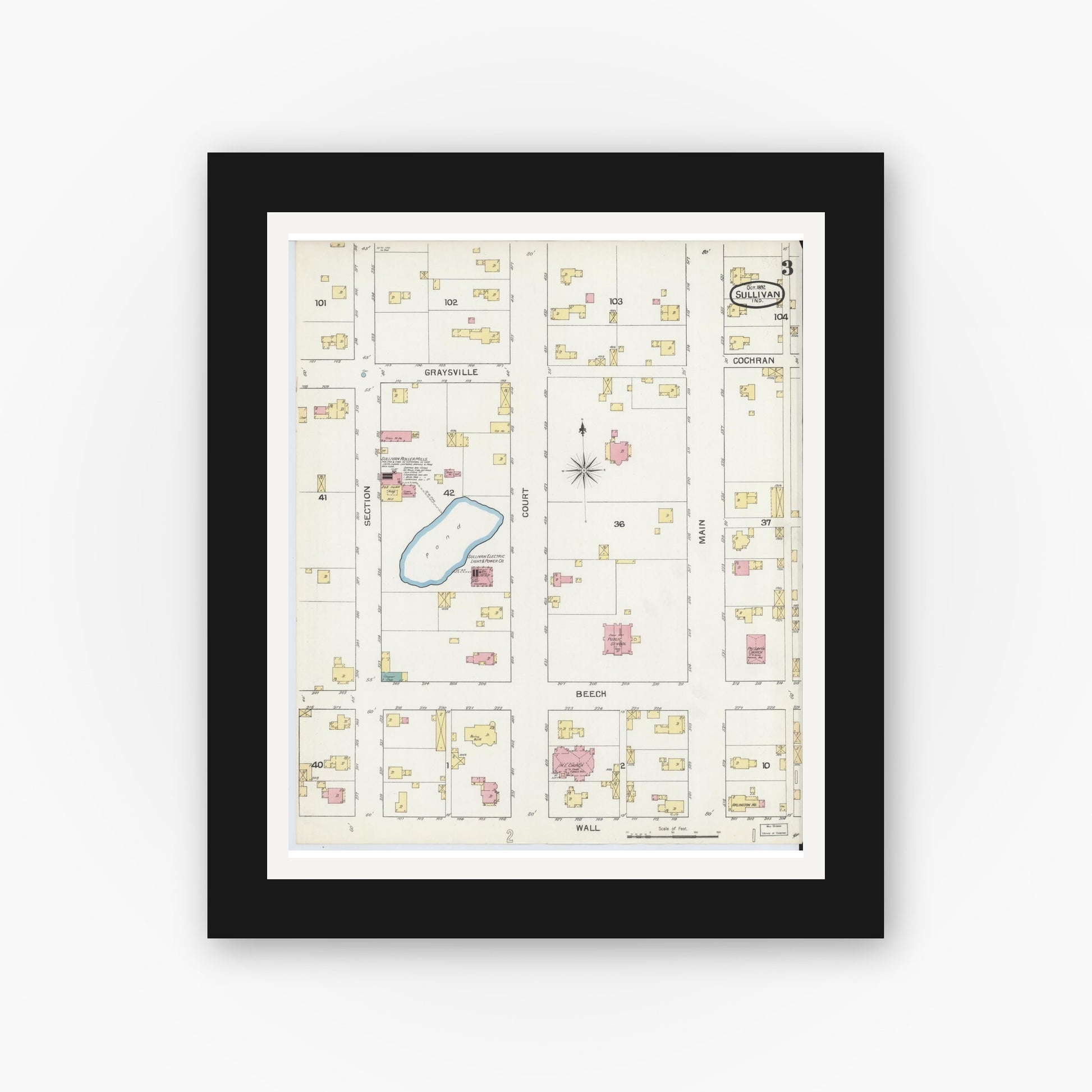Old map wall art mockup — black gallery frame with white mat — Sanborn Fire Insurance Map from Sullivan, Sullivan County, Indiana (1892), Sheet #0003