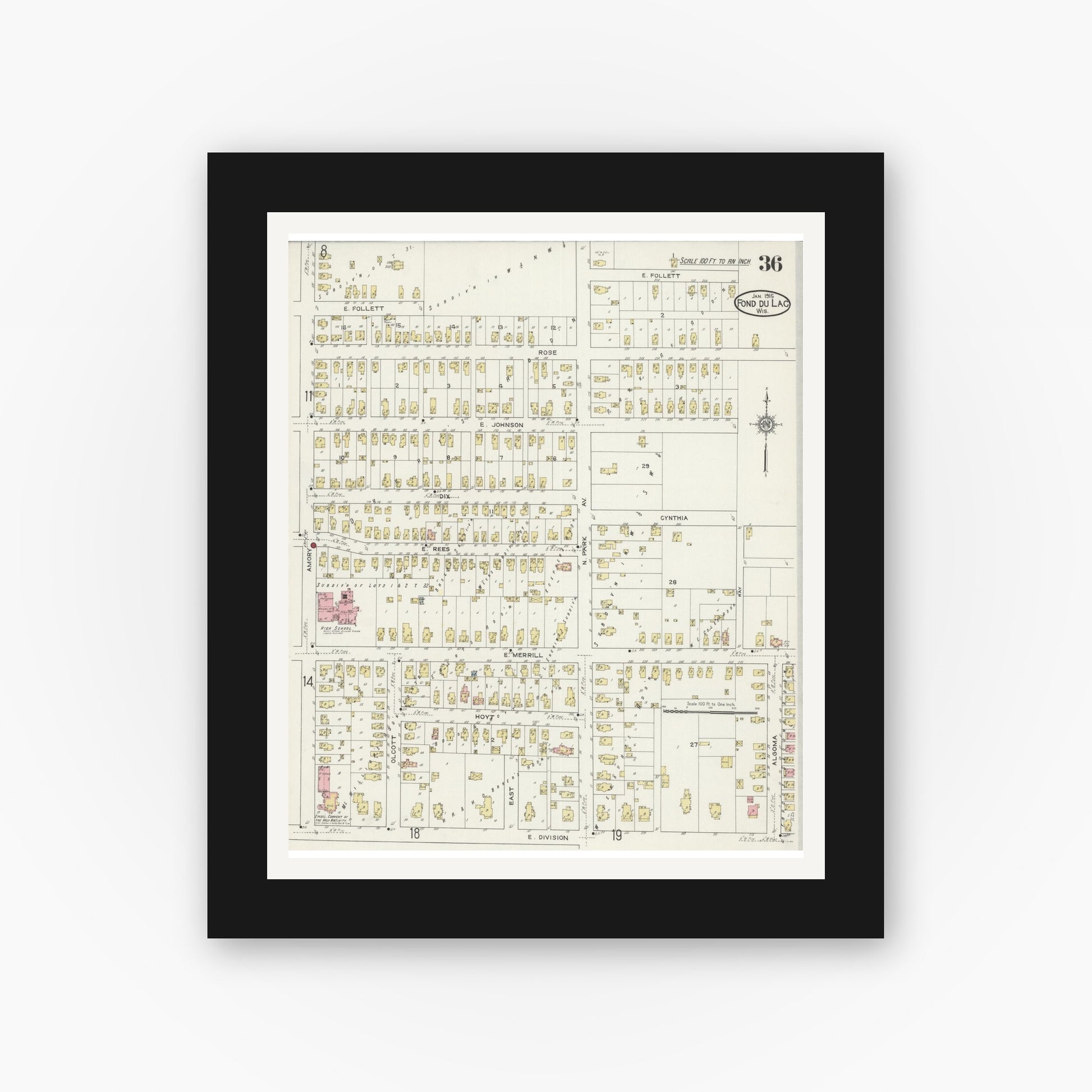 Old map wall art mockup — black gallery frame with white mat — Sanborn Fire Insurance Map from Fond du Lac, Fond du Lac County, Wisconsin (1915), Sheet #0036