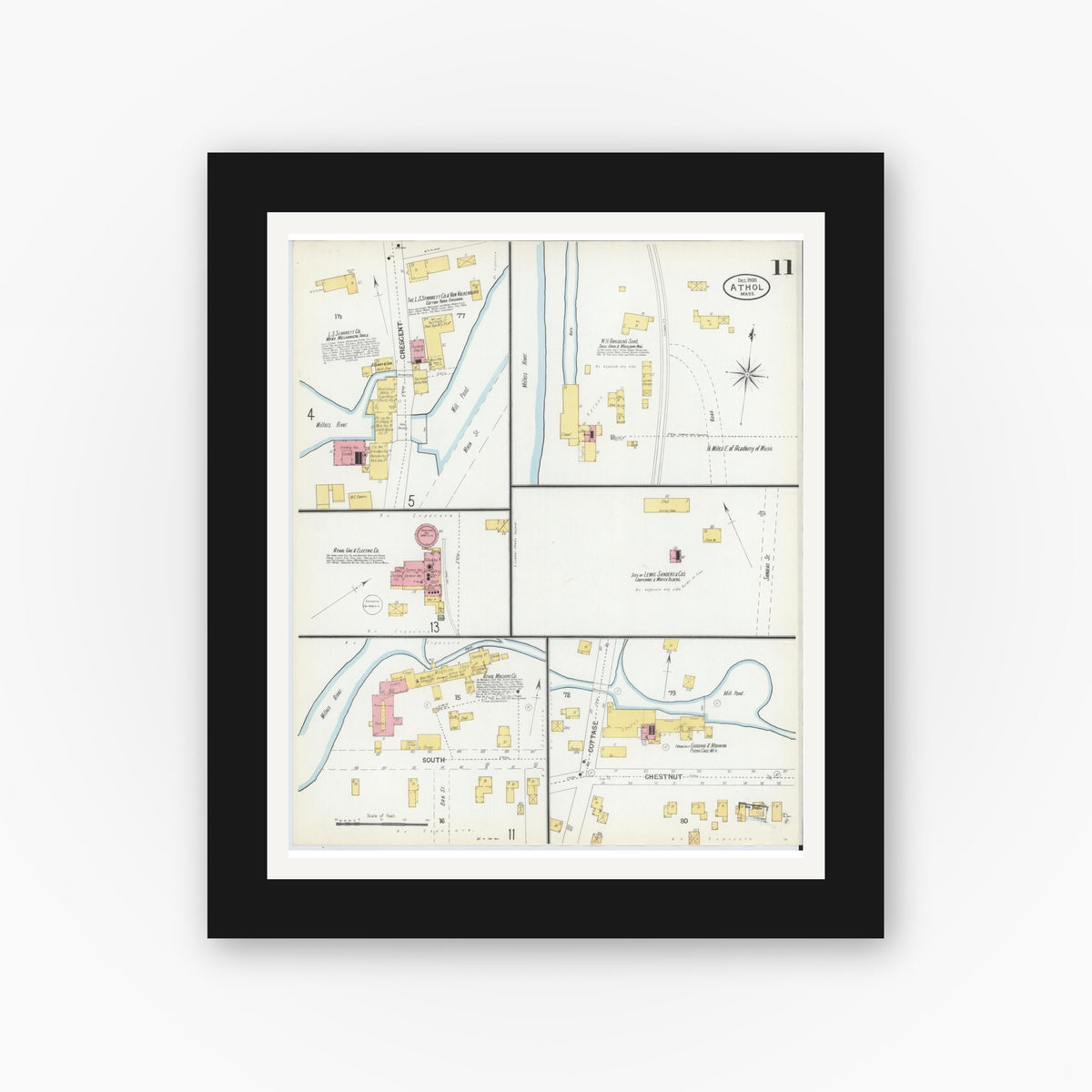 Old map wall art mockup — black gallery frame with white mat — Sanborn Fire Insurance Map from Athol, Worcester County, Massachusetts (1900), Sheet #0011