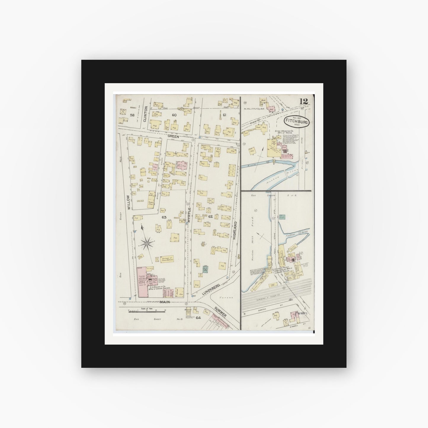 Old map wall art mockup — black gallery frame with white mat — Sanborn Fire Insurance Map from Fitchburg, Worcester County, Massachusetts (1887), Sheet #0012