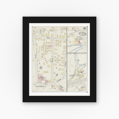 Old map wall art mockup — black gallery frame with white mat — Sanborn Fire Insurance Map from Fitchburg, Worcester County, Massachusetts (1887), Sheet #0012