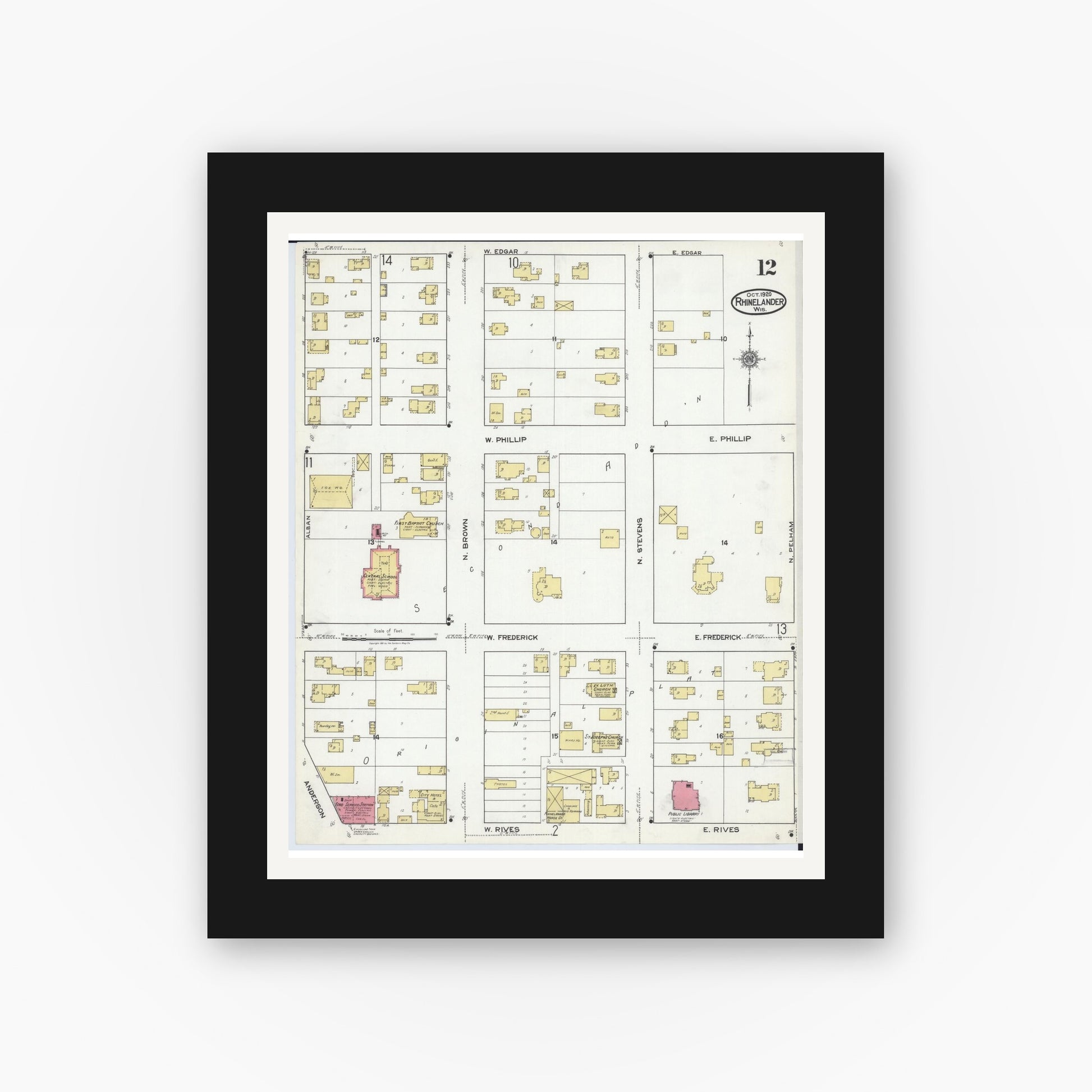 Old map wall art mockup — black gallery frame with white mat — Sanborn Fire Insurance Map from Rhinelander, Oneida County, Wisconsin (1920), Sheet #0012