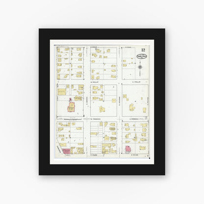 Old map wall art mockup — black gallery frame with white mat — Sanborn Fire Insurance Map from Rhinelander, Oneida County, Wisconsin (1920), Sheet #0012